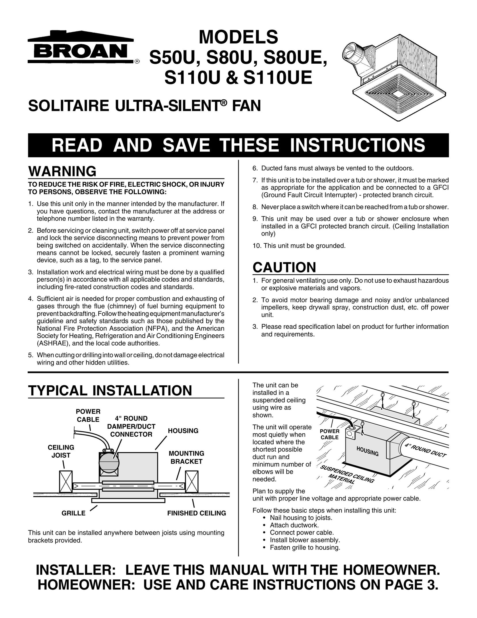Broan S110UE Fan User Manual