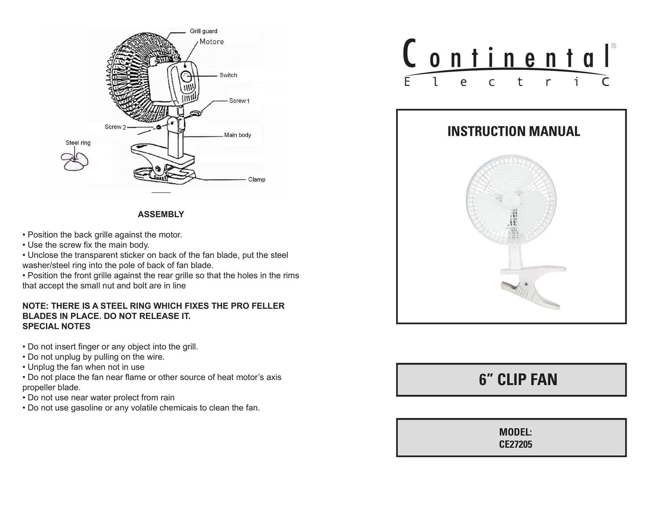 Continental Electric CE27205 Fan User Manual