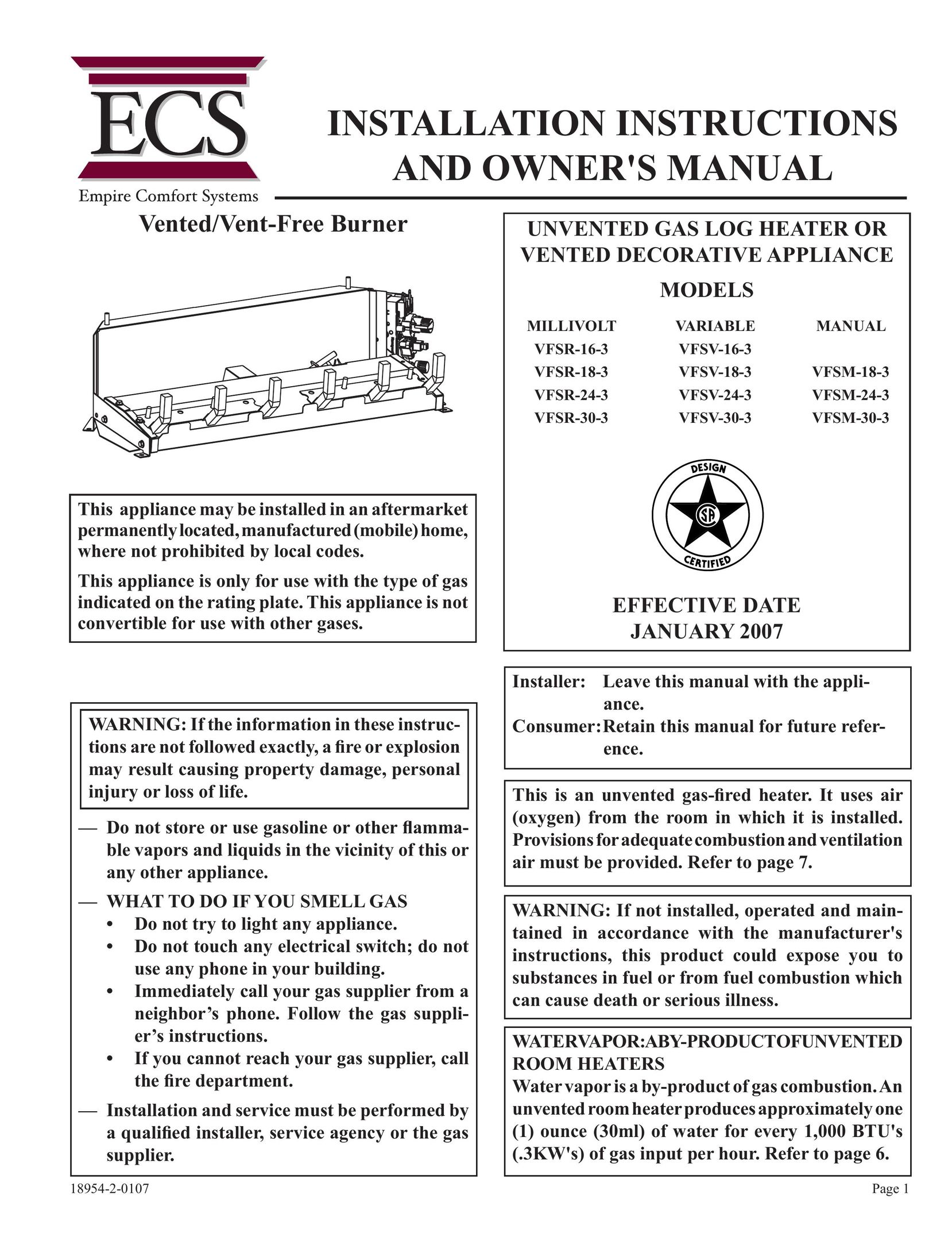 Empire Comfort Systems VFSR-18-3 Fan User Manual