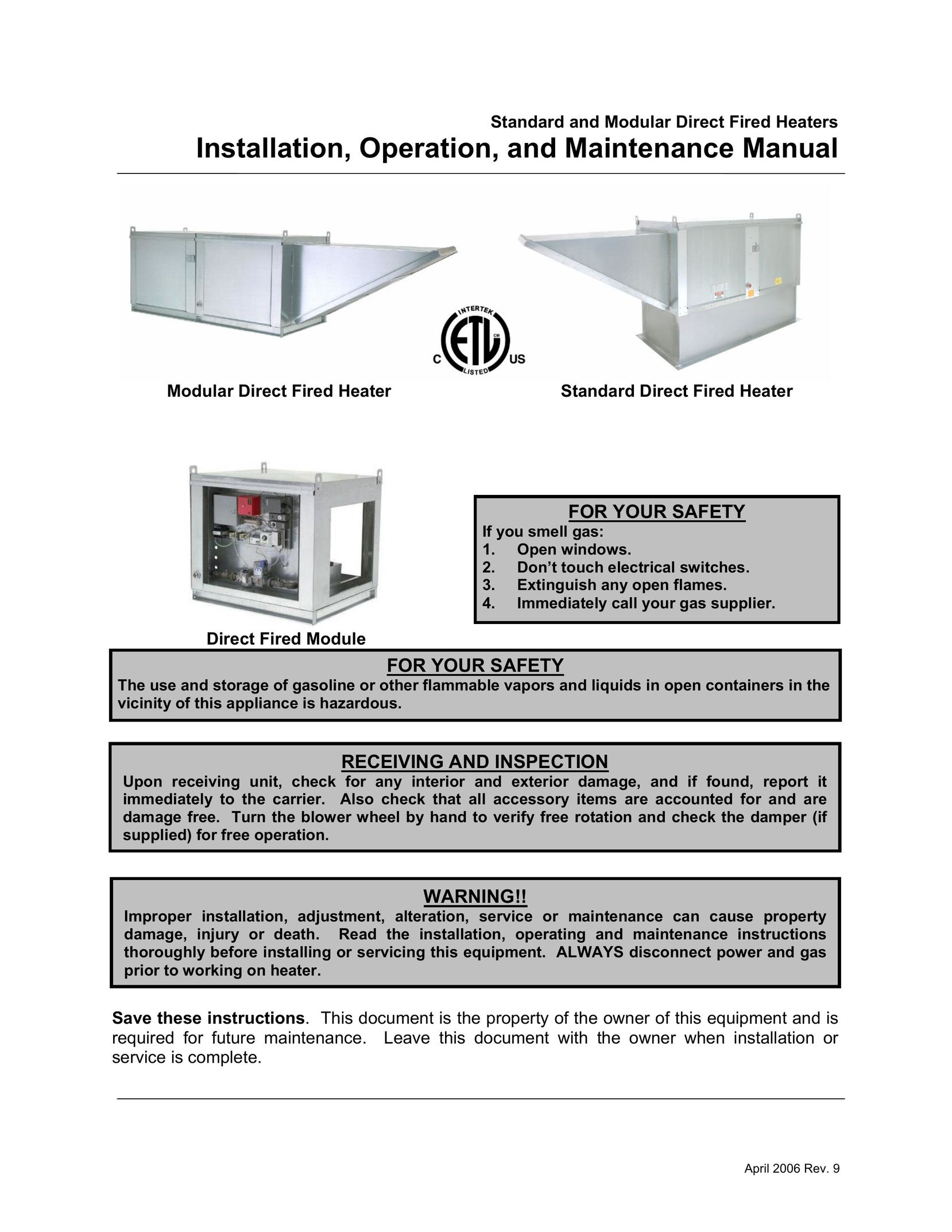 Energy Tech Laboratories Modular Direct Fired Heaters Fan User Manual