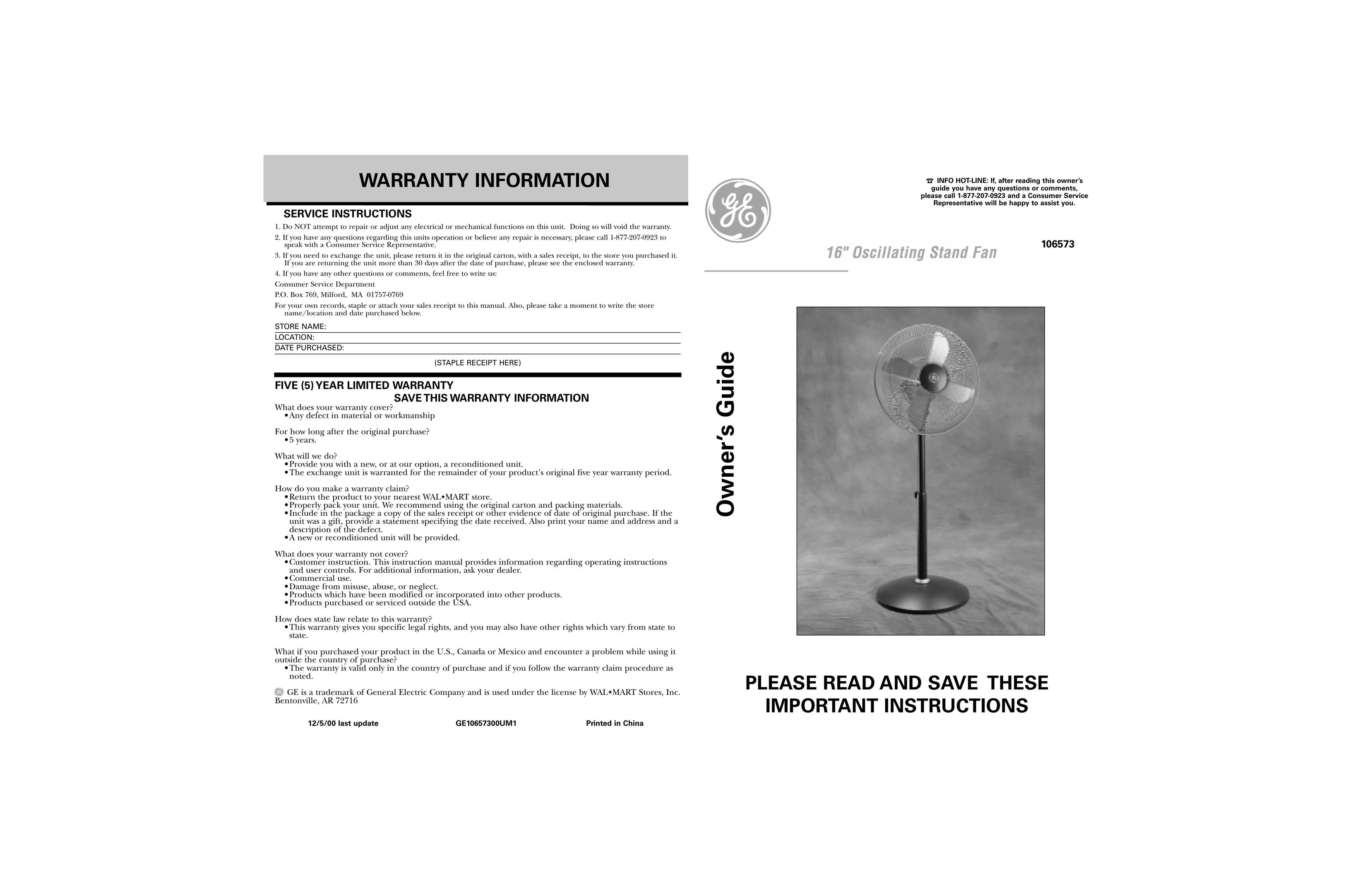 GE 106573 Fan User Manual