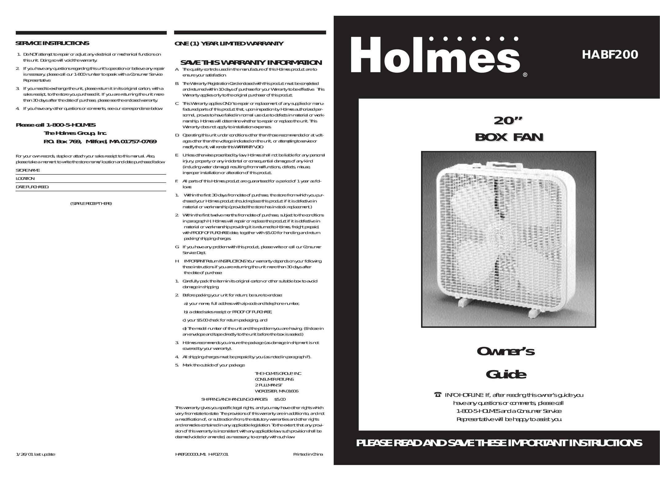 Holmes HABF200 Fan User Manual