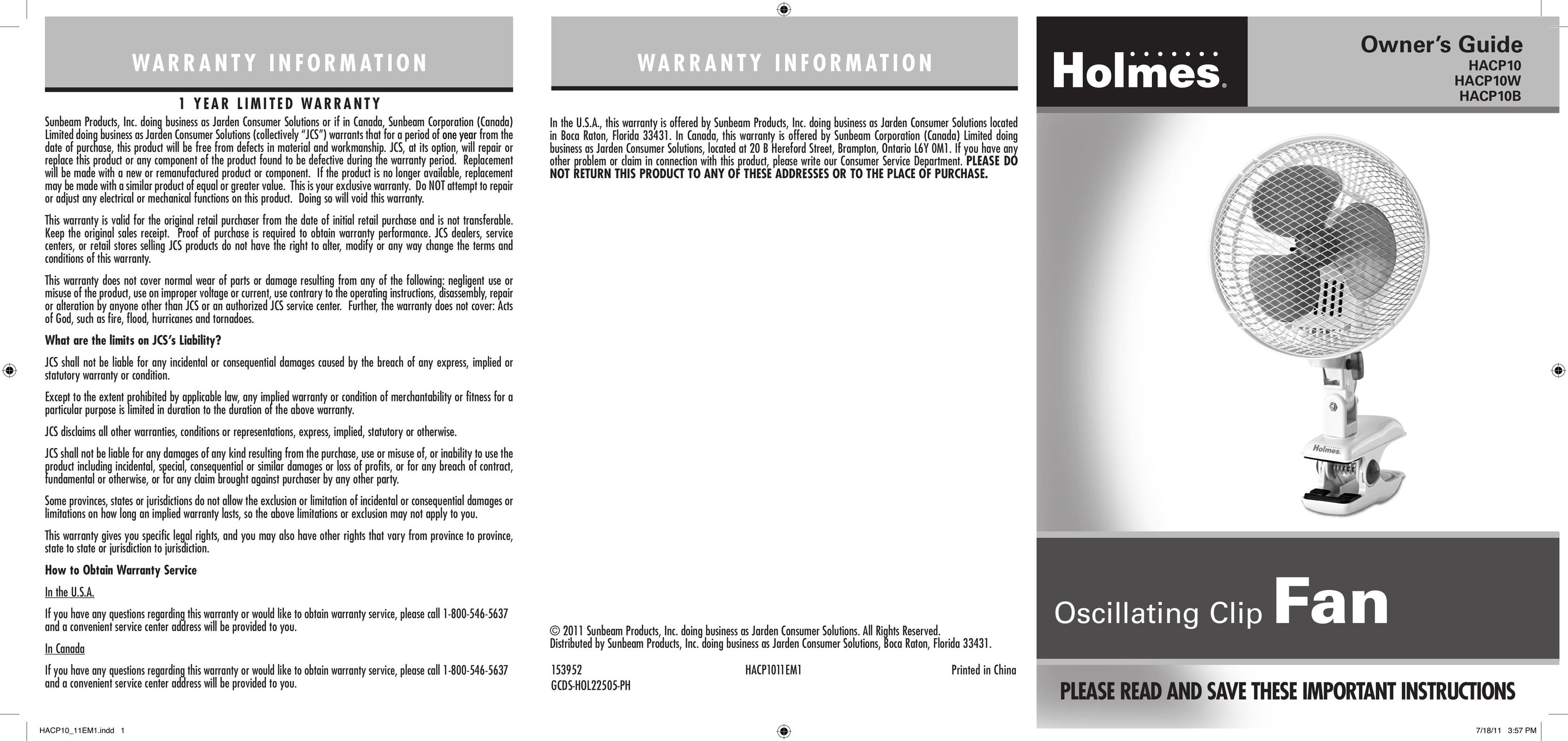 Holmes HACP10 Fan User Manual