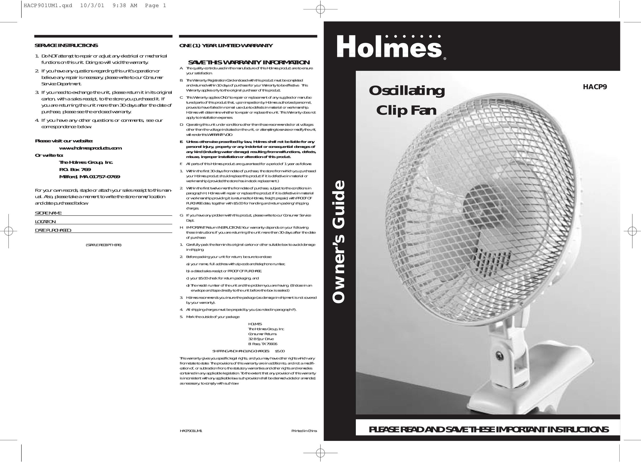 Holmes HACP9 Fan User Manual
