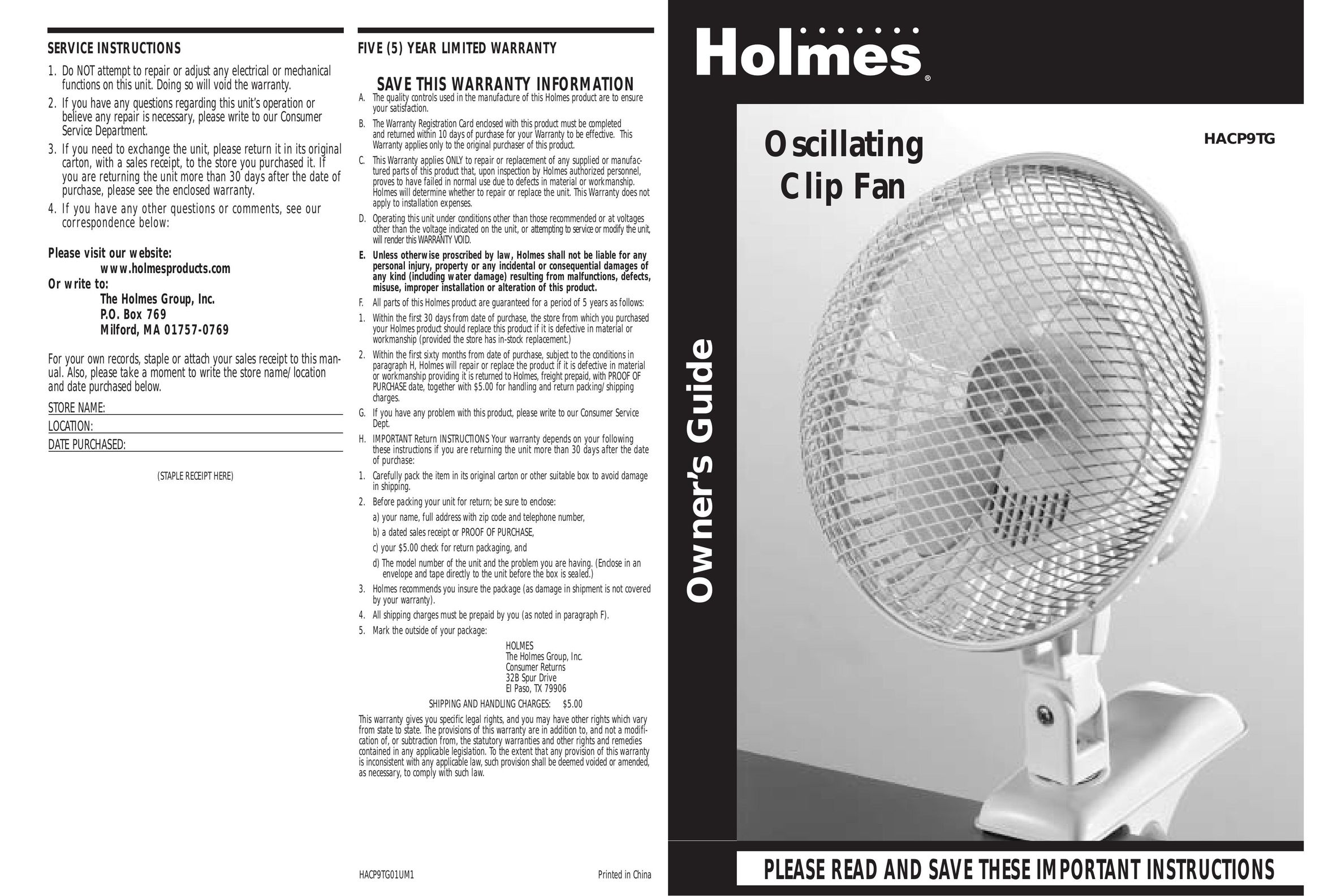 Holmes HACP9TG Fan User Manual