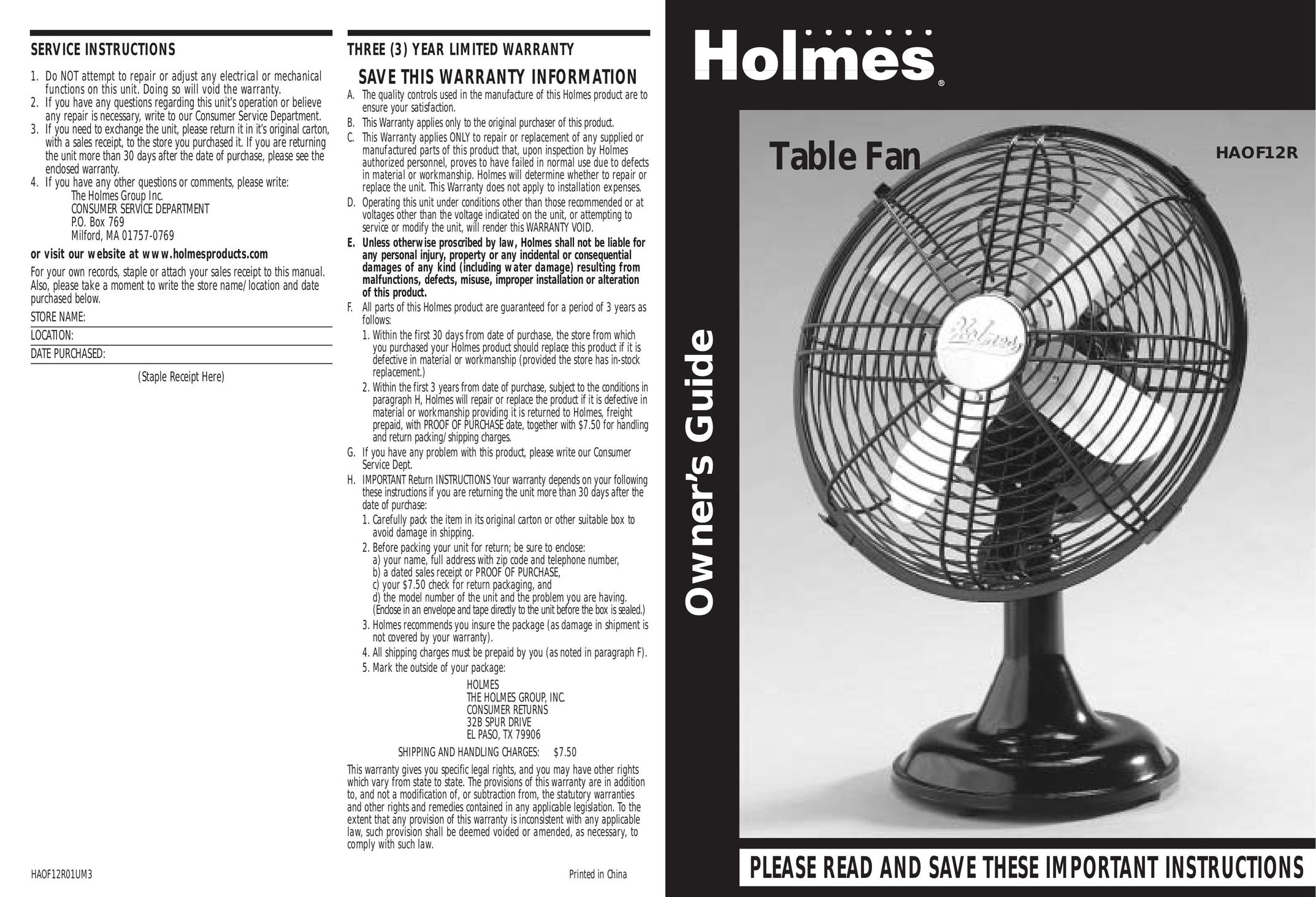 Holmes HAOF12R Fan User Manual