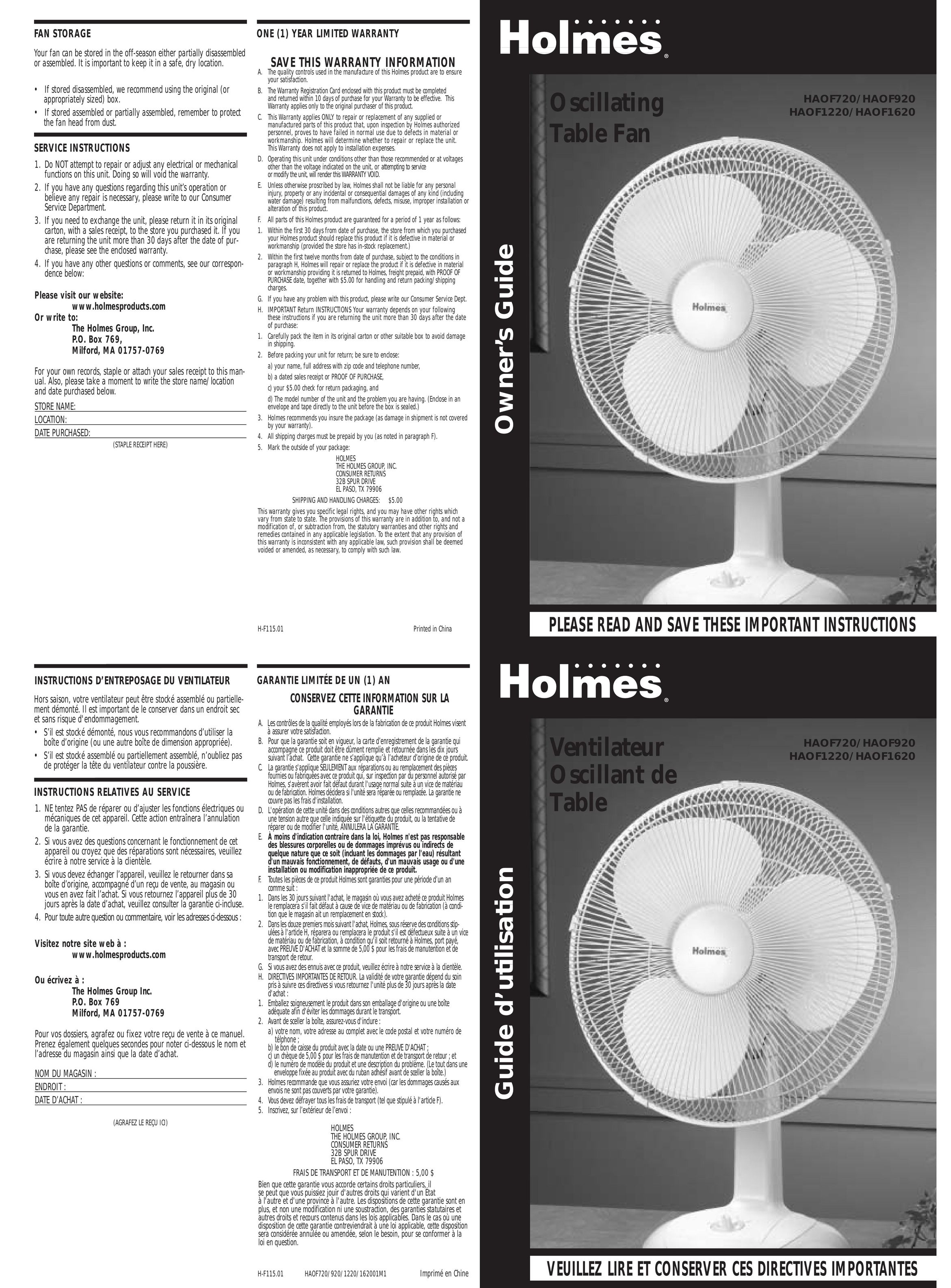 Holmes HAOF720 Fan User Manual