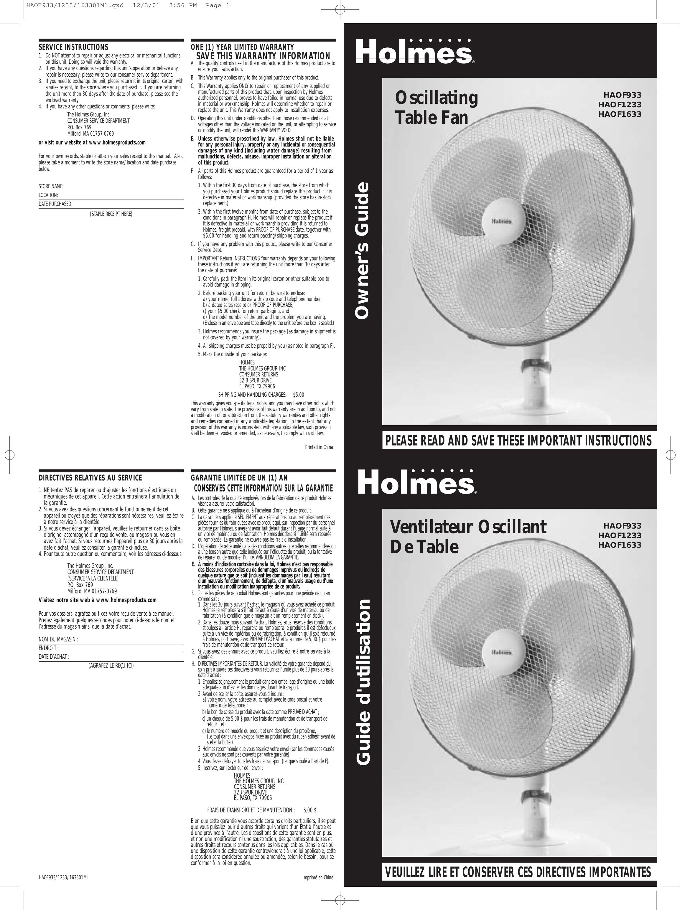 Holmes HAOF933 Fan User Manual