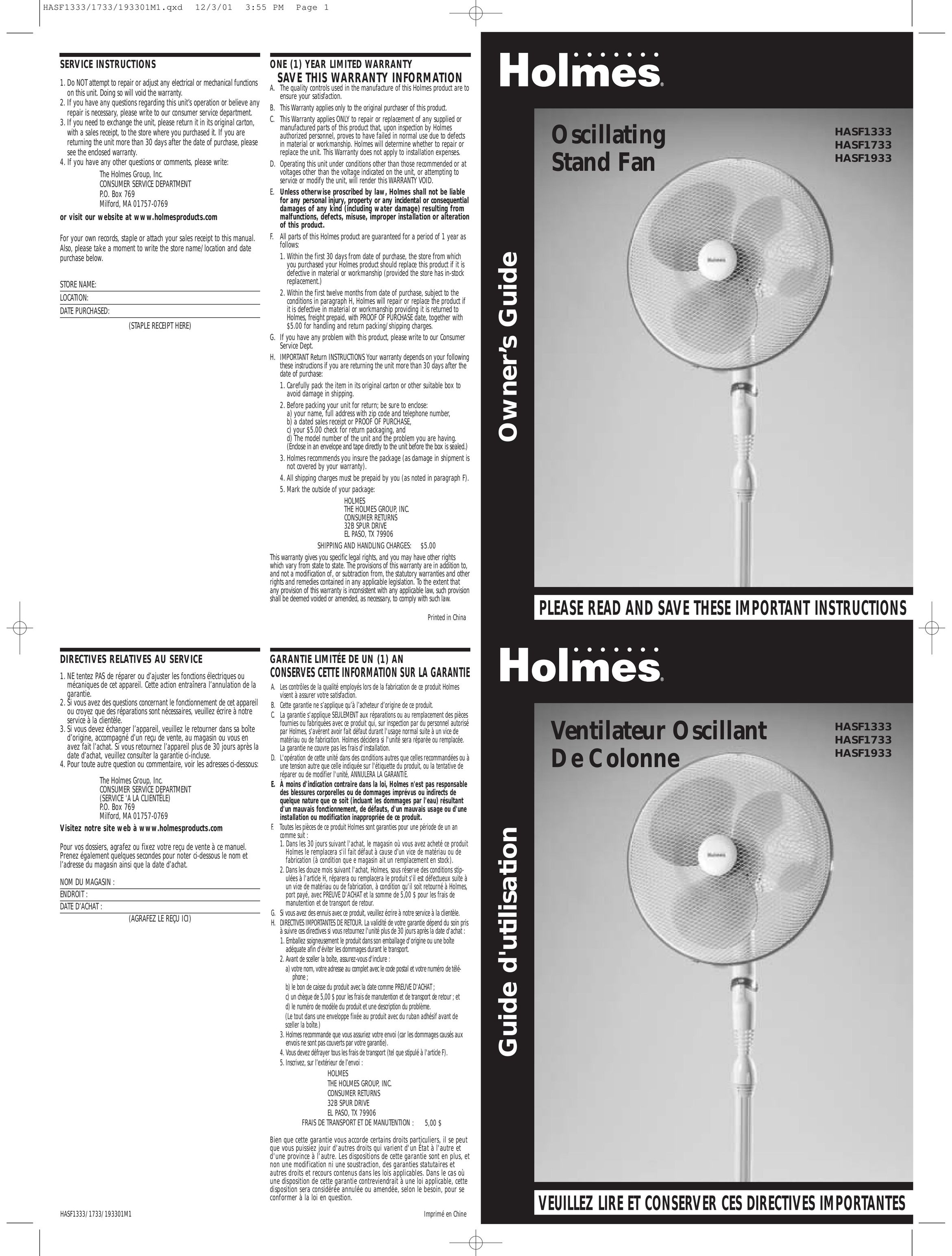 Holmes HASF1333 Fan User Manual