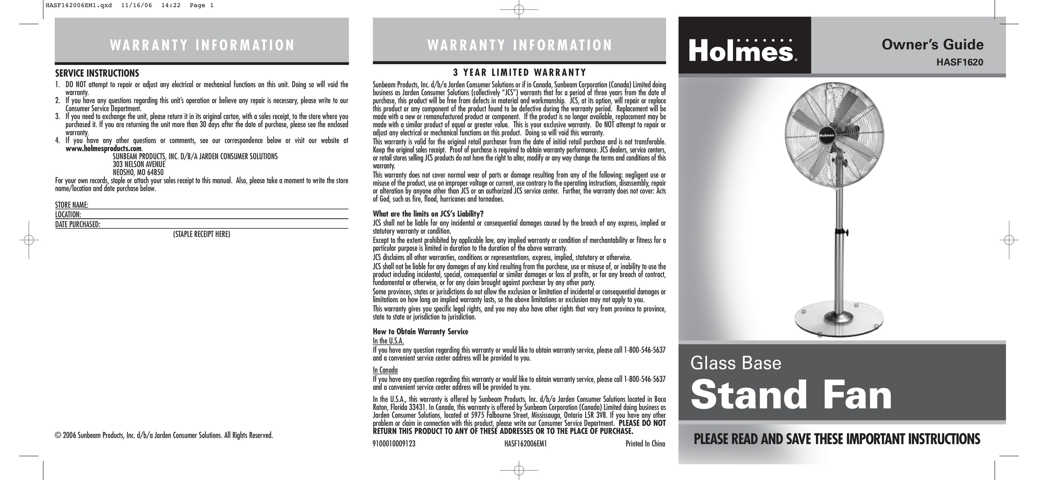 Holmes HASF1620 Fan User Manual