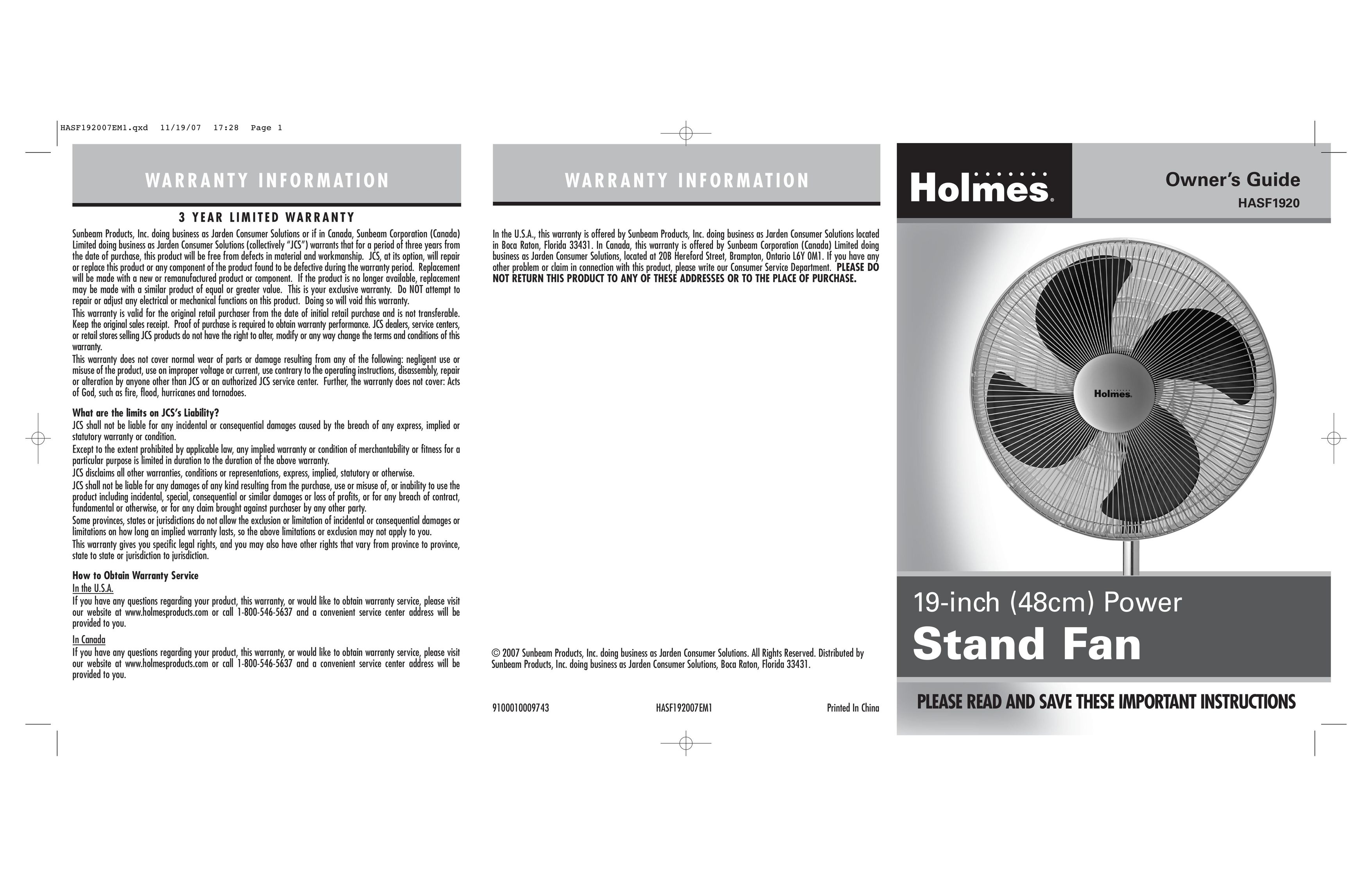 Holmes HASF1920 Fan User Manual
