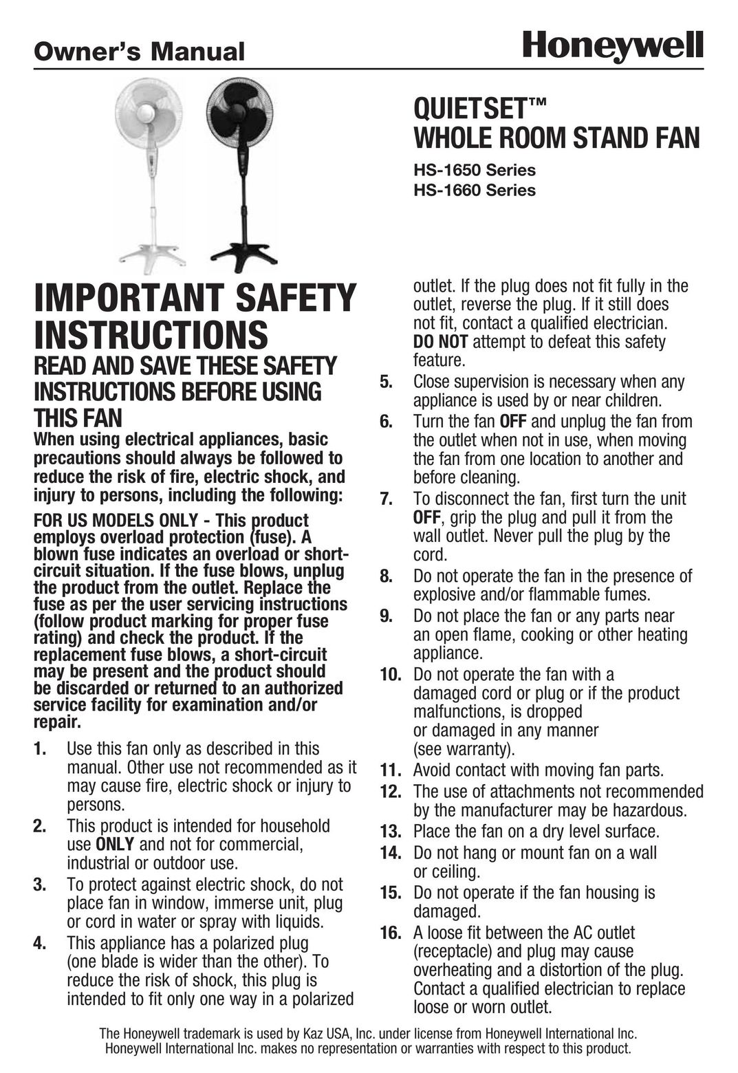 Honeywell HS1665 Fan User Manual