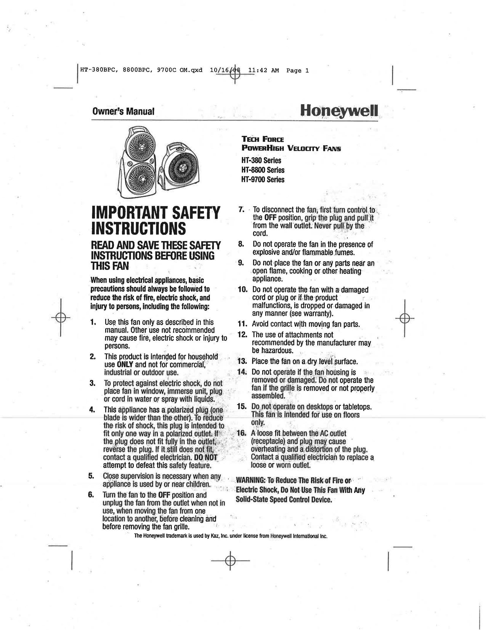Honeywell HT9700 Fan User Manual