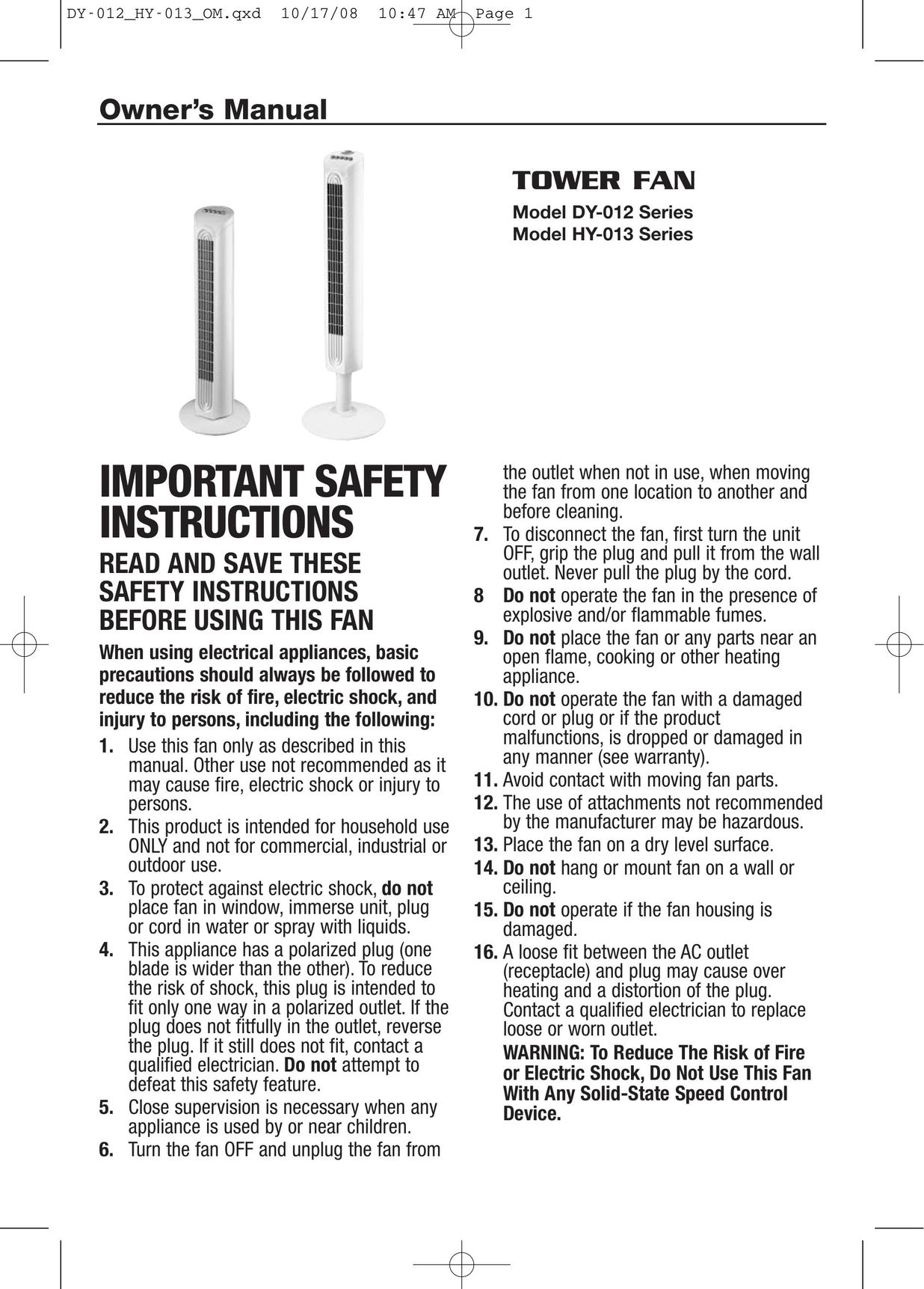 Honeywell HY013 Fan User Manual
