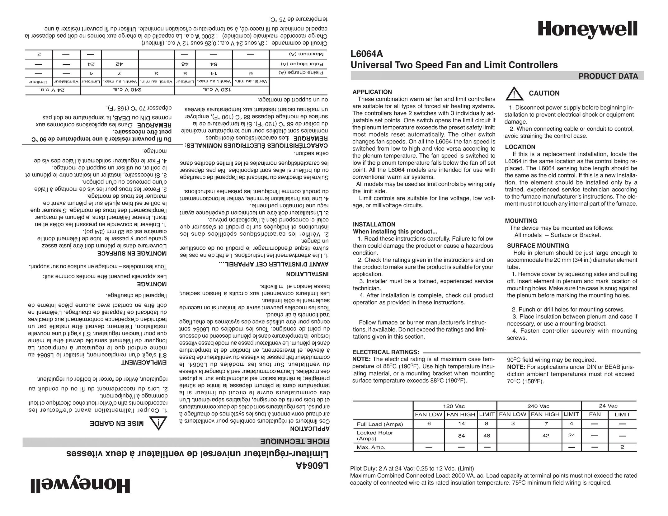 Honeywell L6064A Fan User Manual