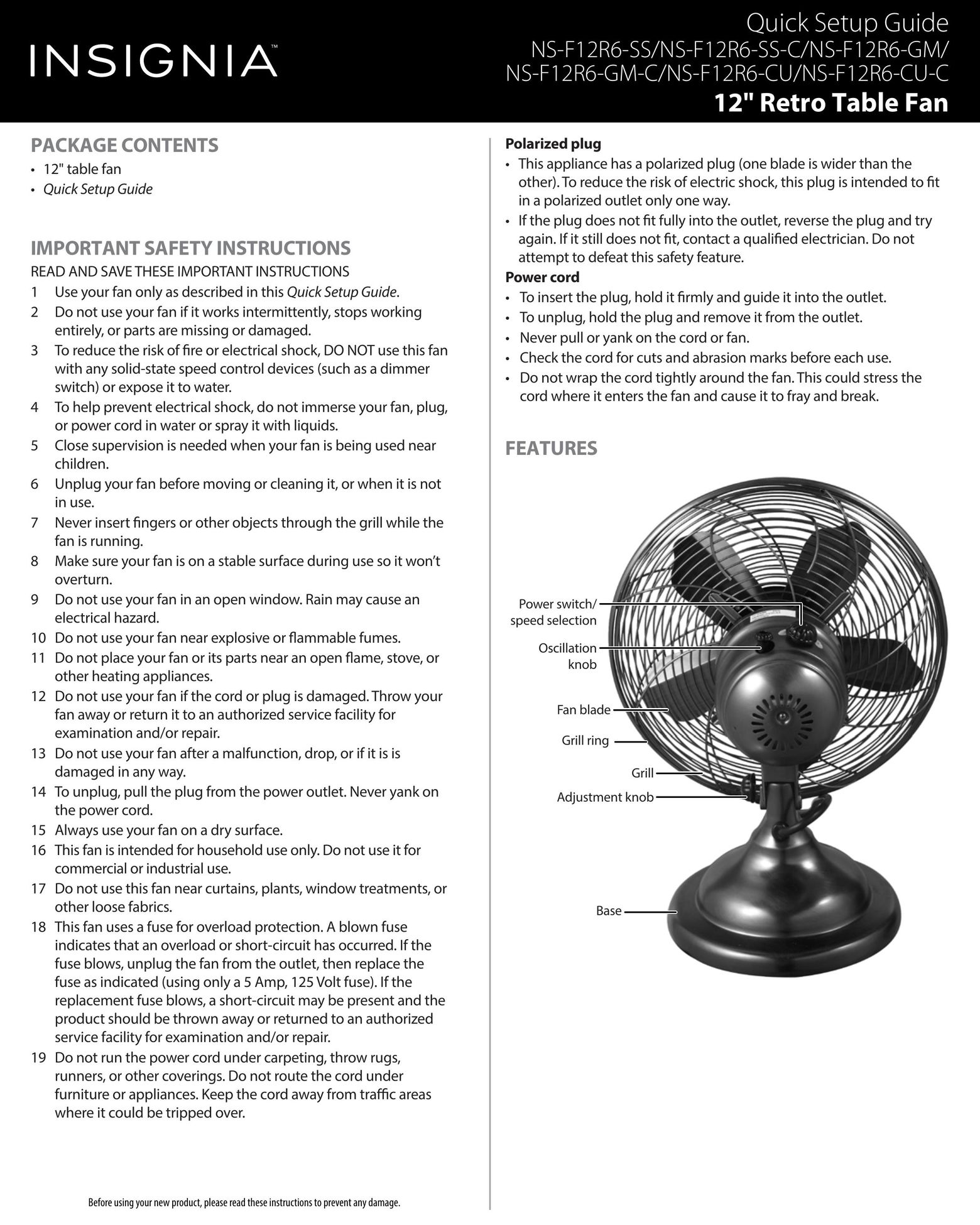 Insignia NS-F12R6-22 Fan User Manual