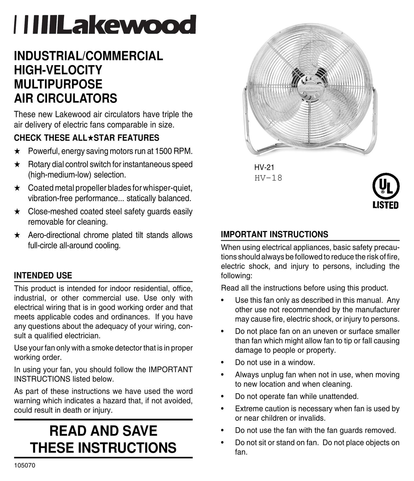 Lakewood Engineering HV-21 Fan User Manual