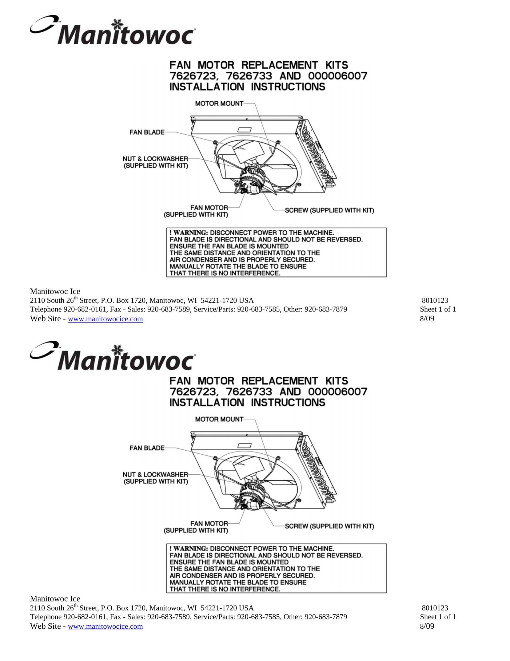 Manitowoc Ice 6007 Fan User Manual