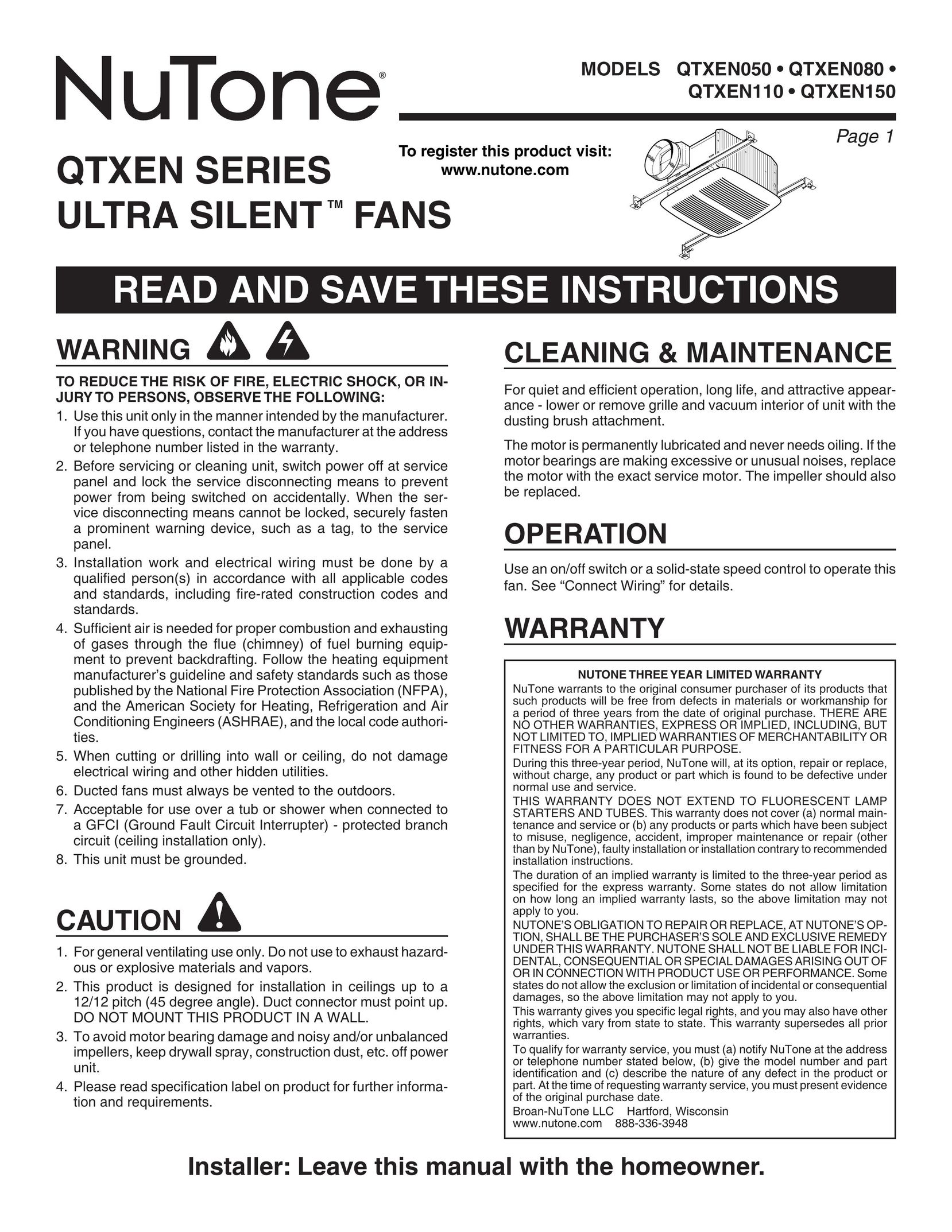 NuTone QTXEN080 Fan User Manual
