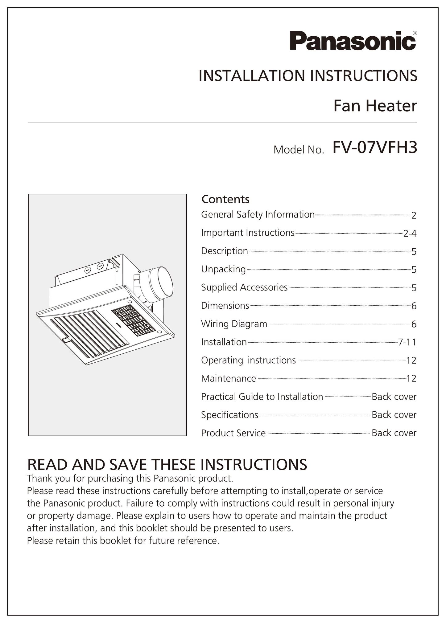 Panasonic FV-07VFH3 Fan User Manual