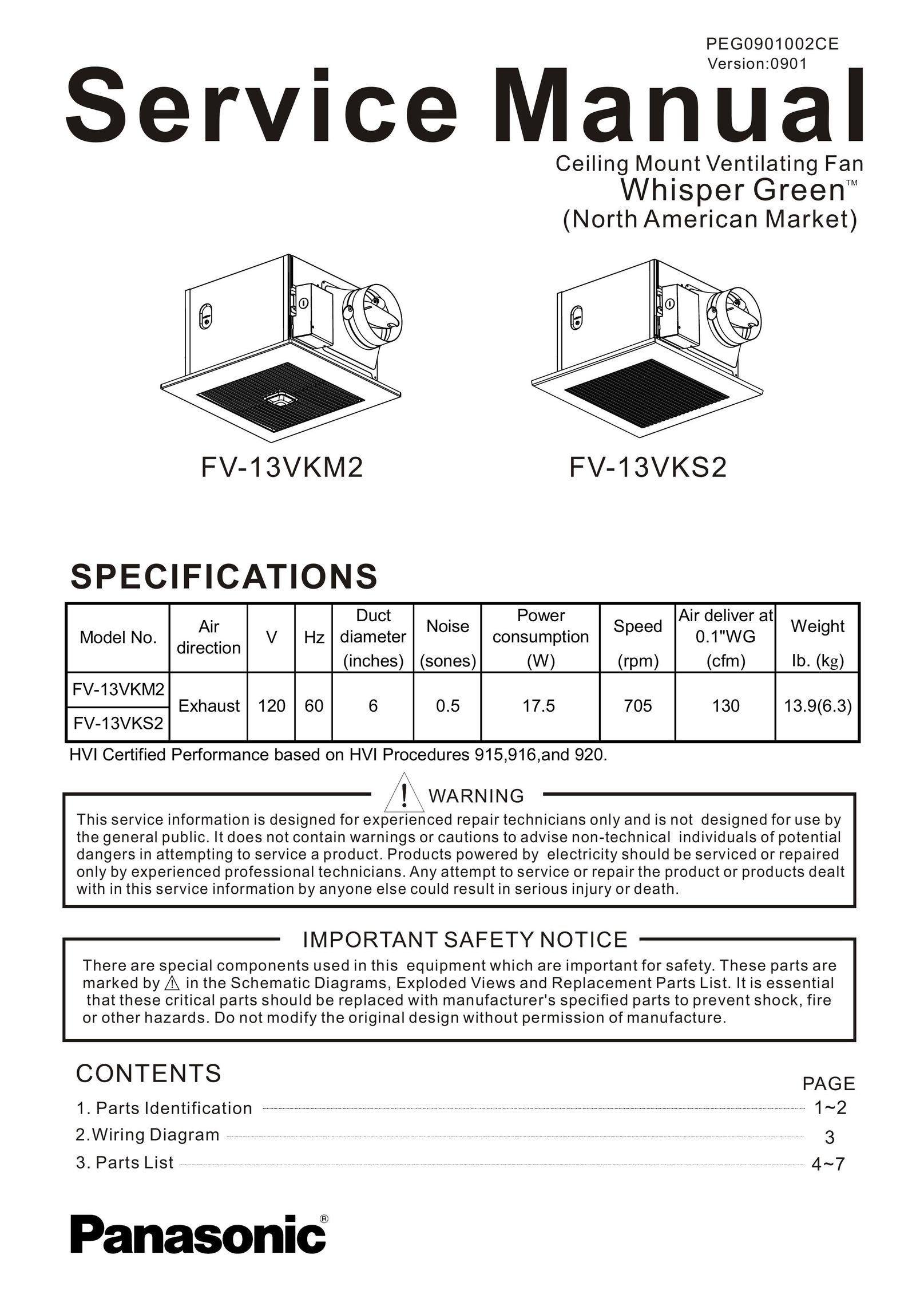 Panasonic FV-13VKM2 Fan User Manual