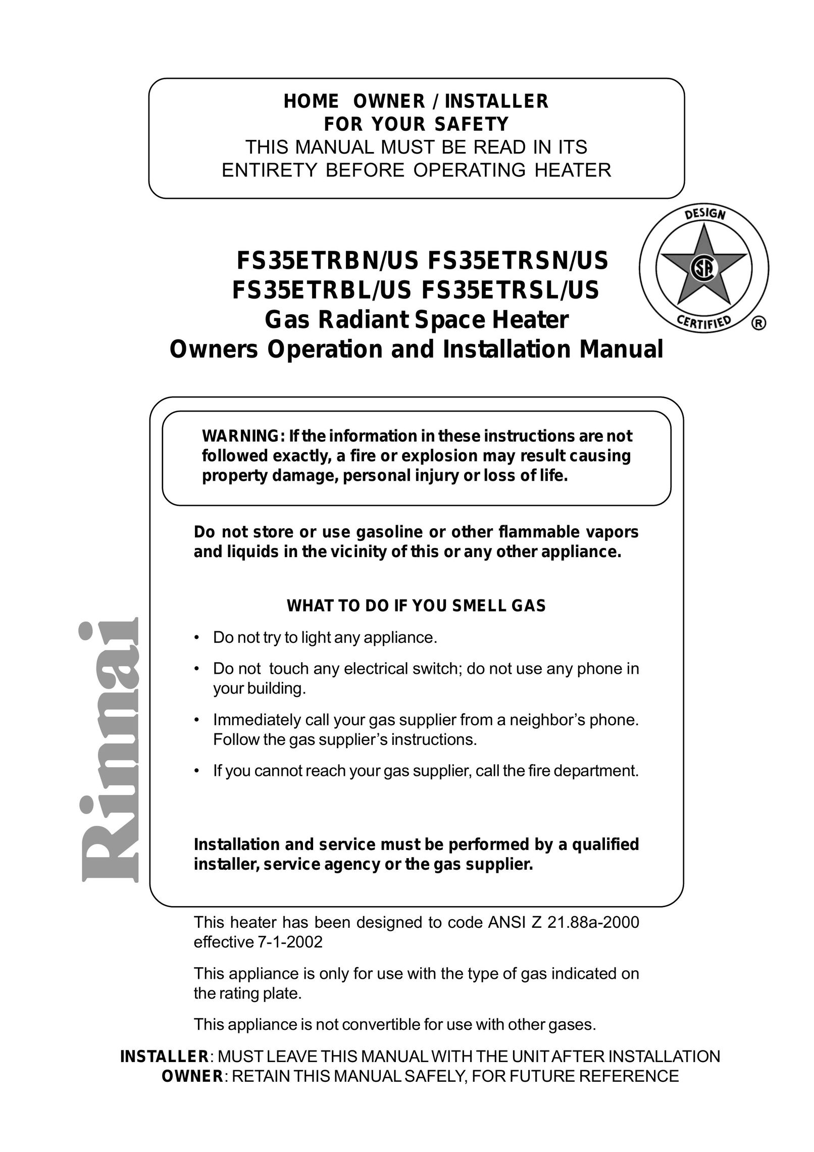 Rinnai FS35ETRSL Fan User Manual