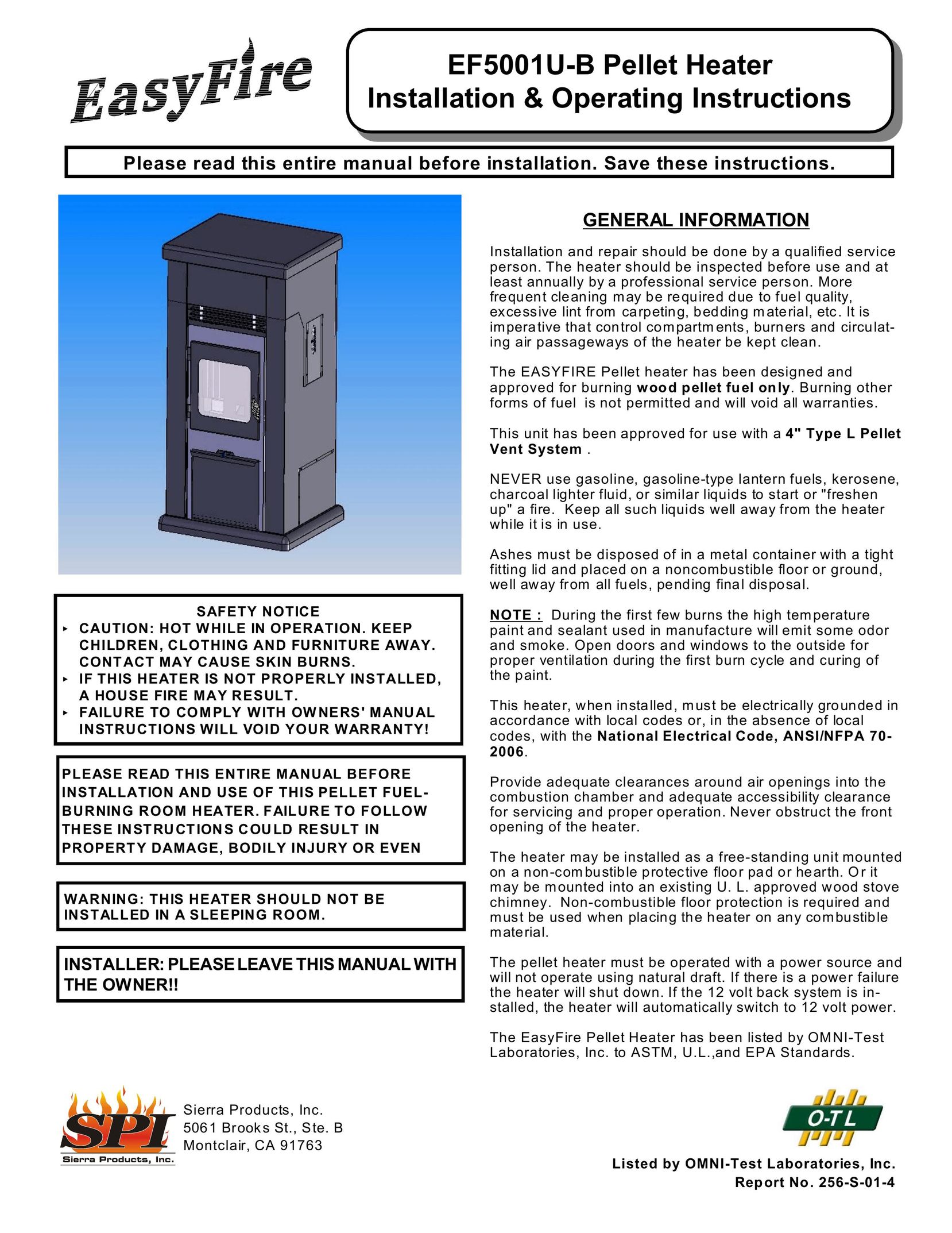Sierra Products EF-5001UB Fan User Manual