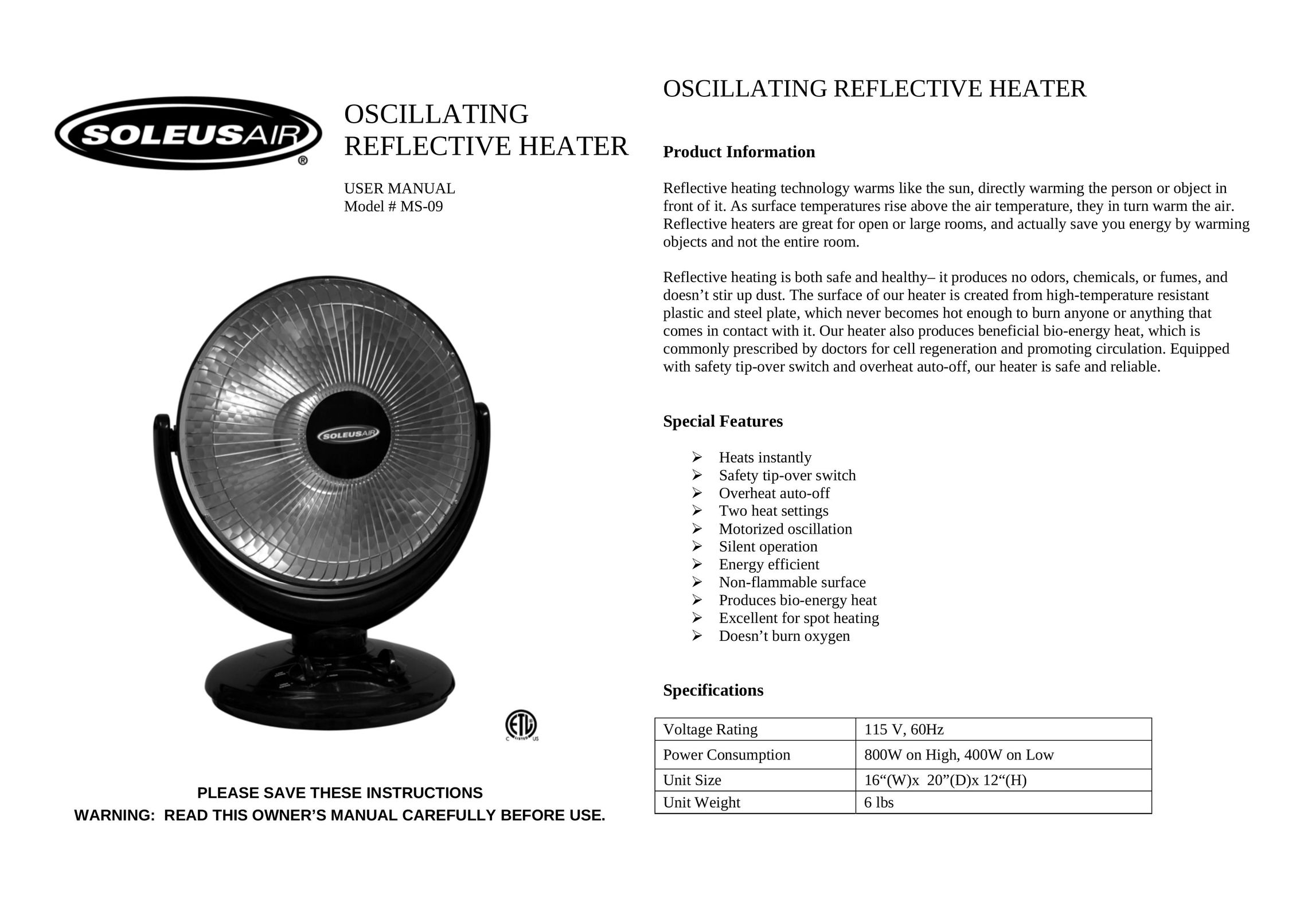 Soleus Air MS-09 Fan User Manual