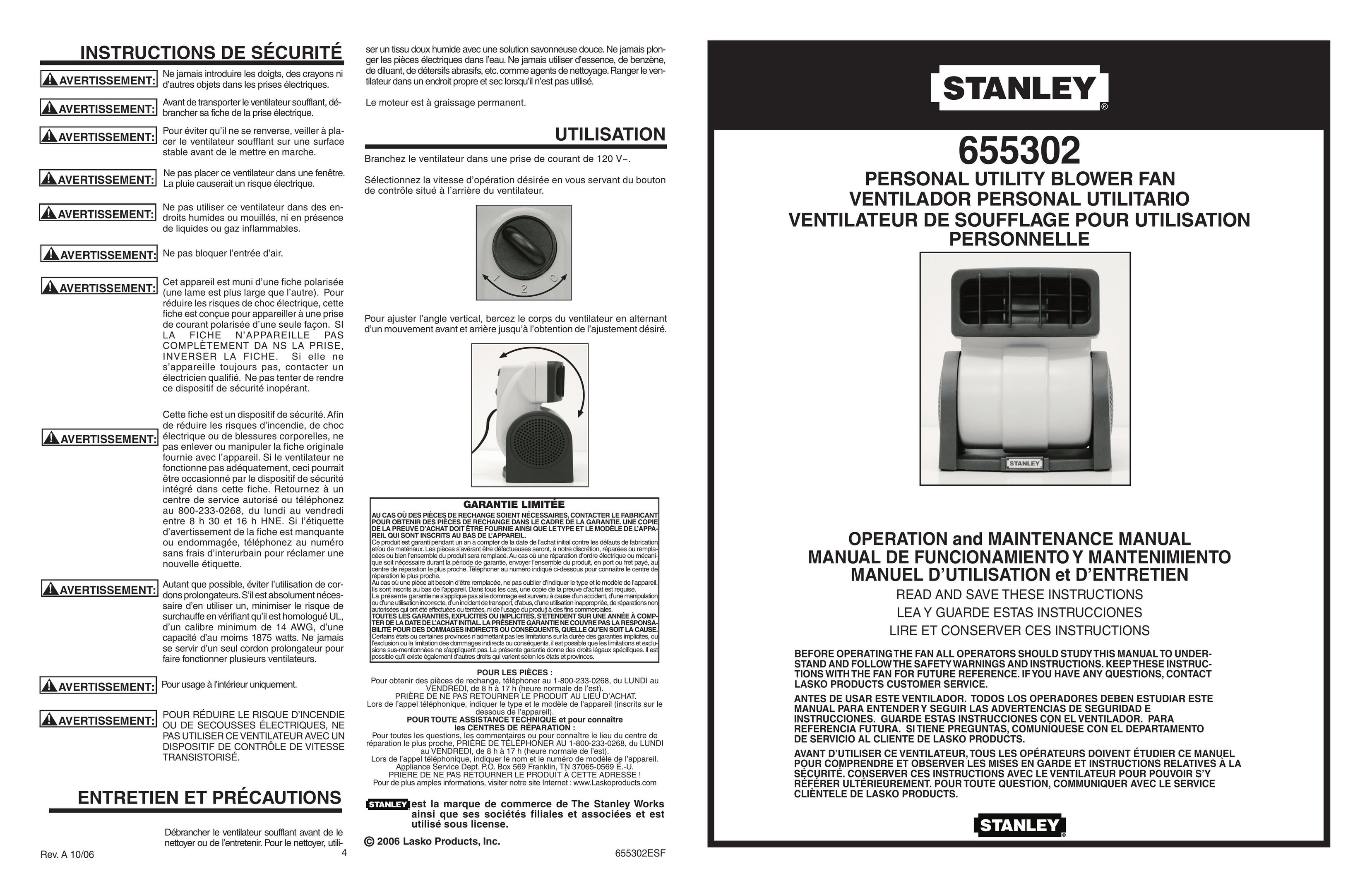 Stanley Black & Decker 655302 Fan User Manual