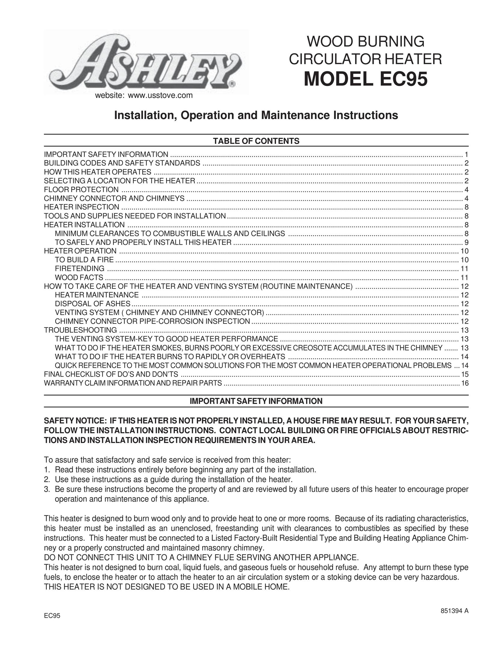 United States Stove EC95 Fan User Manual