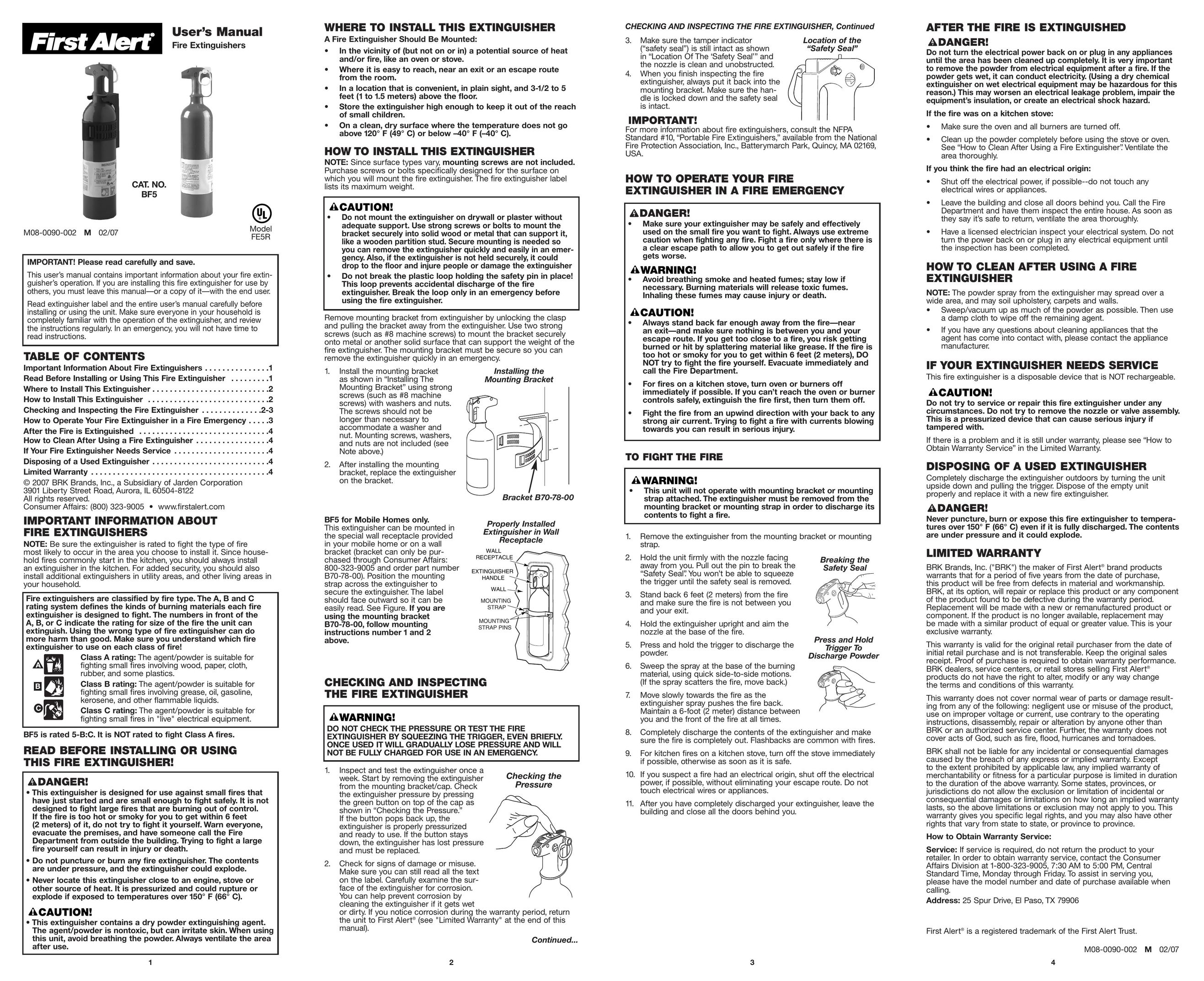 BRK electronic BF5 Fire Extinguisher User Manual