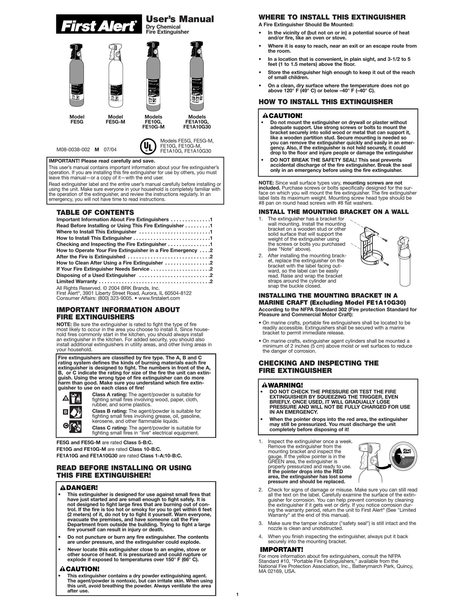 First Alert FE1A10G30 Fire Extinguisher User Manual