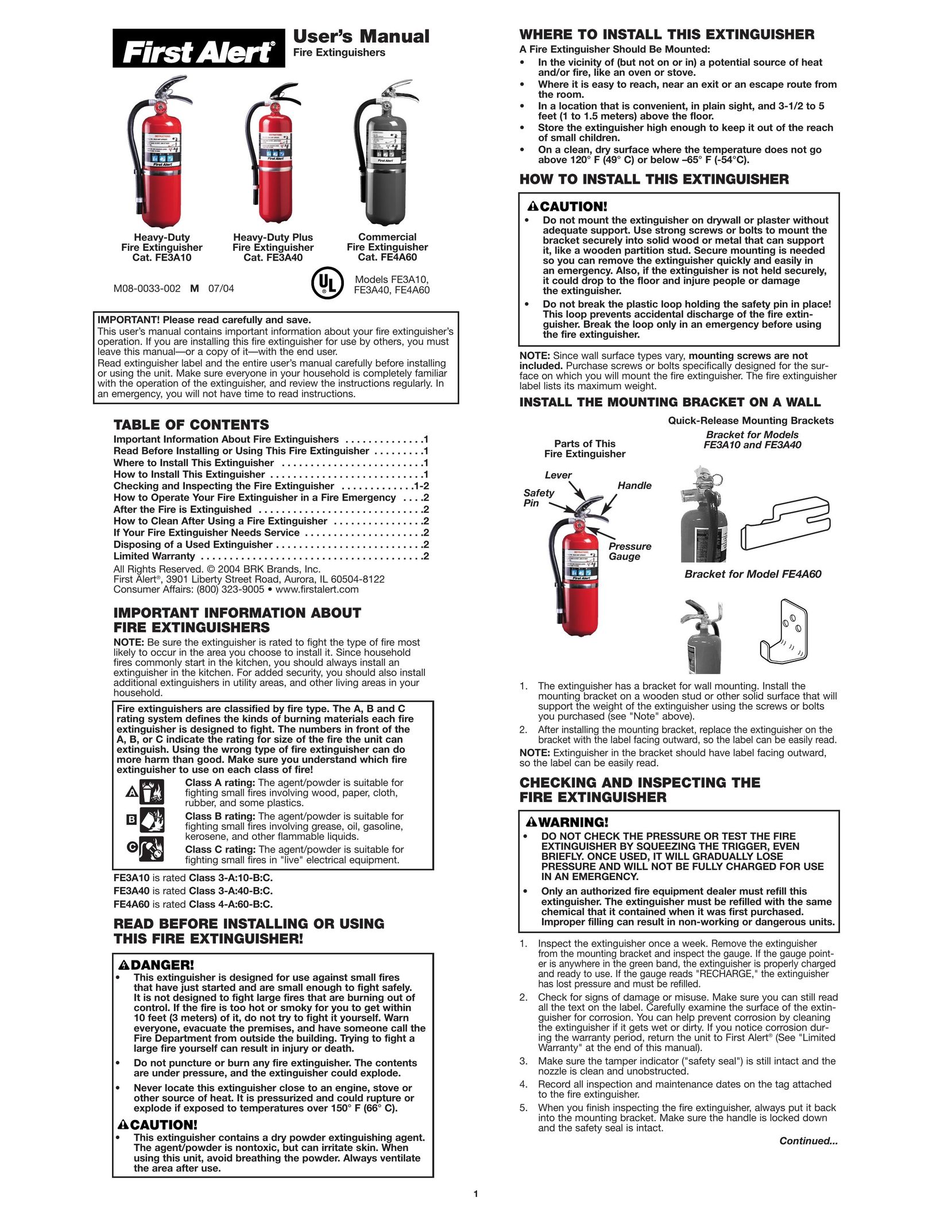 First Alert FE3A10 Fire Extinguisher User Manual