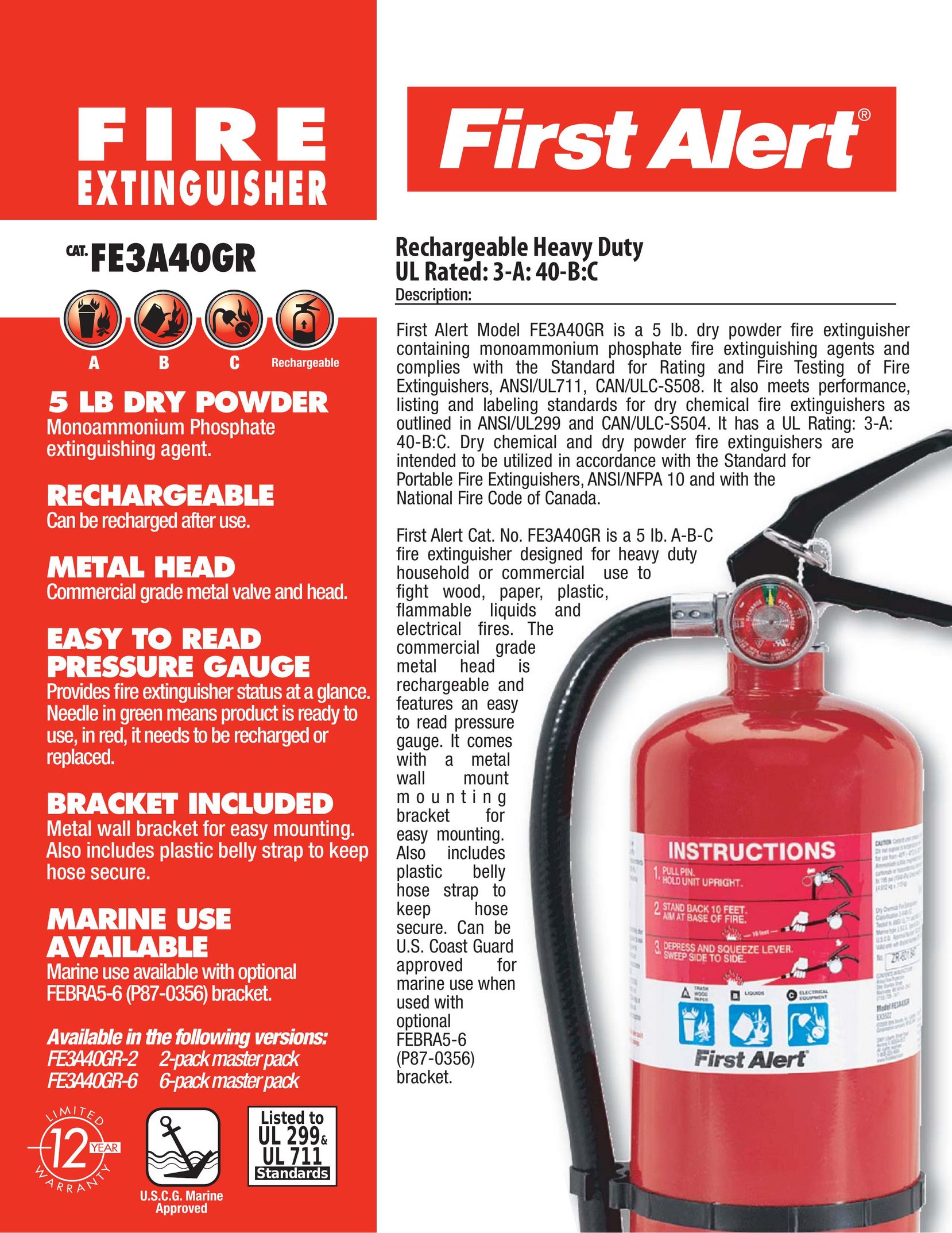 First Alert FE3A40GR Fire Extinguisher User Manual
