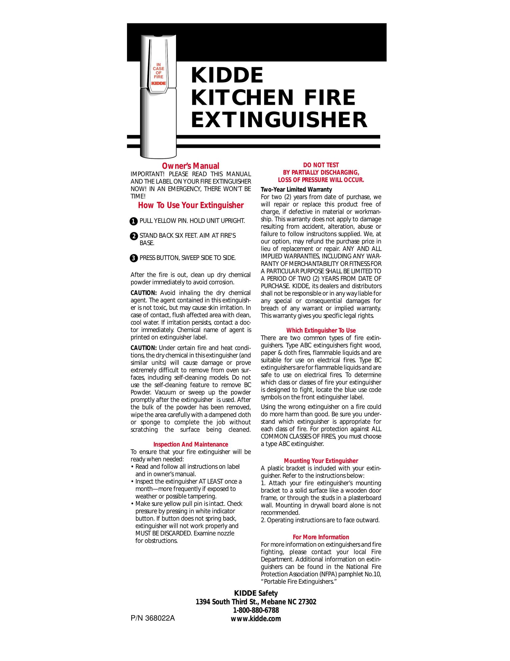 Kidde KITCHEN FIRE EXTINGUISHER Fire Extinguisher User Manual