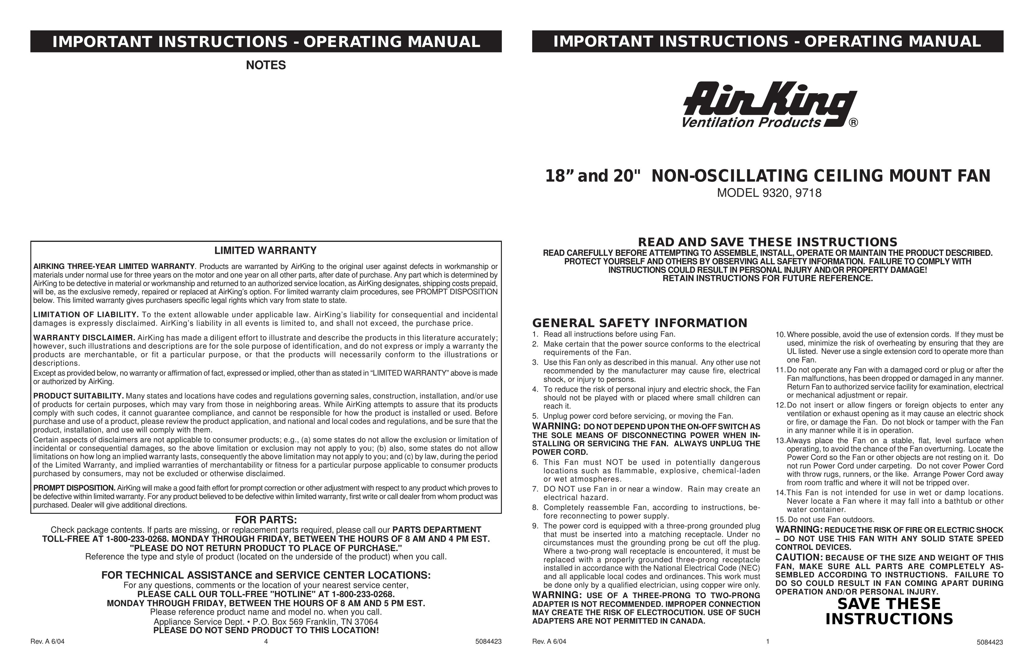 Air King 9320 Furnace User Manual