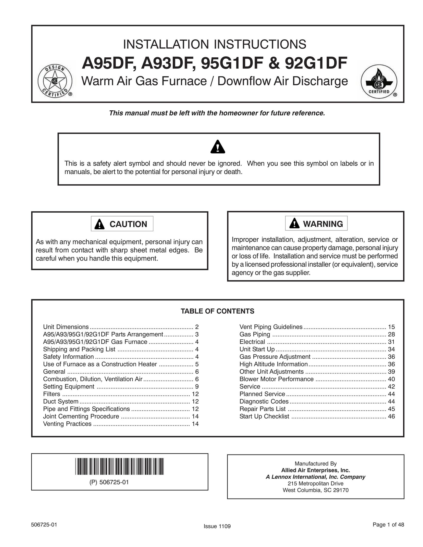 Allied Air Enterprises 92G1DF Furnace User Manual