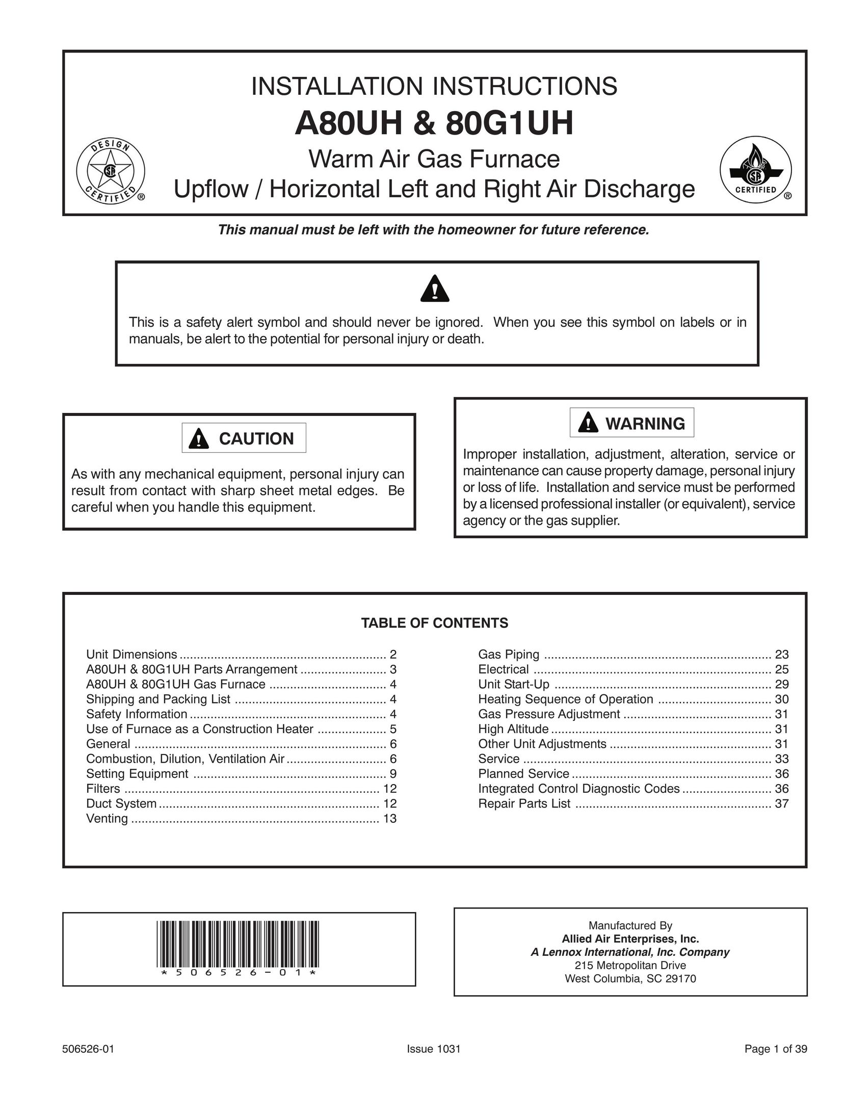 Allied Air Enterprises A80UH Furnace User Manual