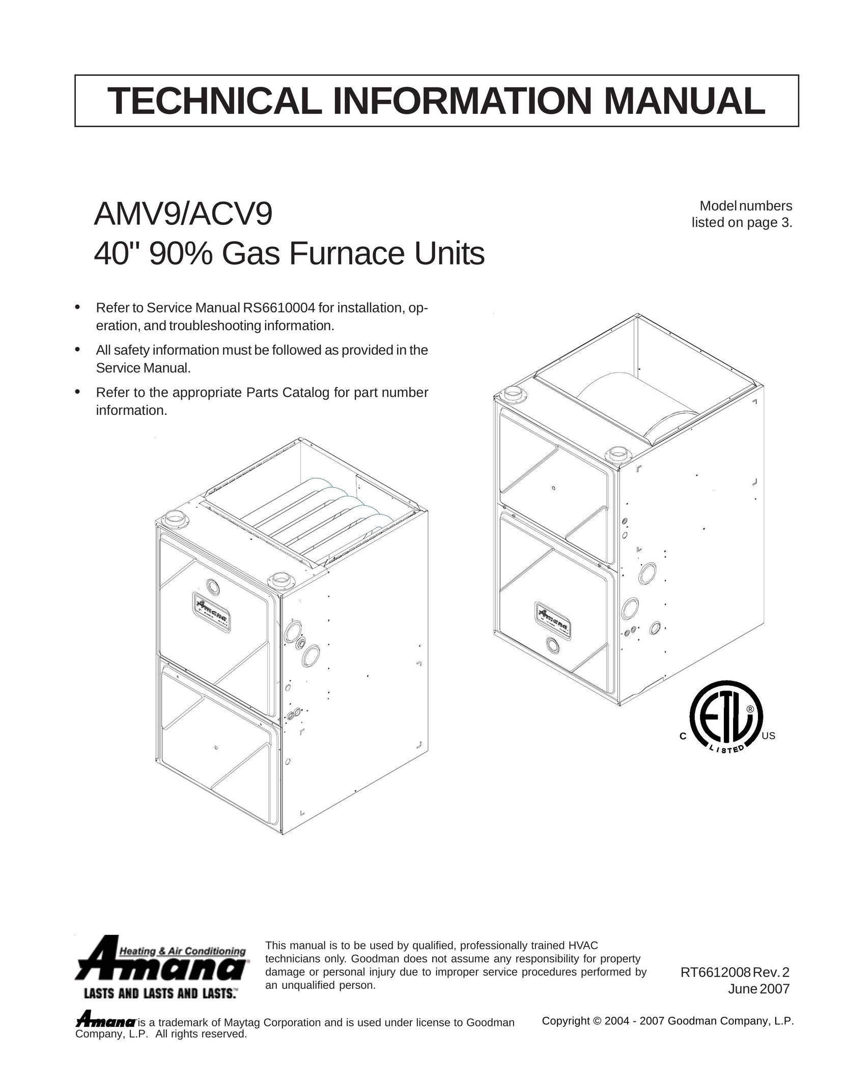 Amana ACV90905DX Furnace User Manual