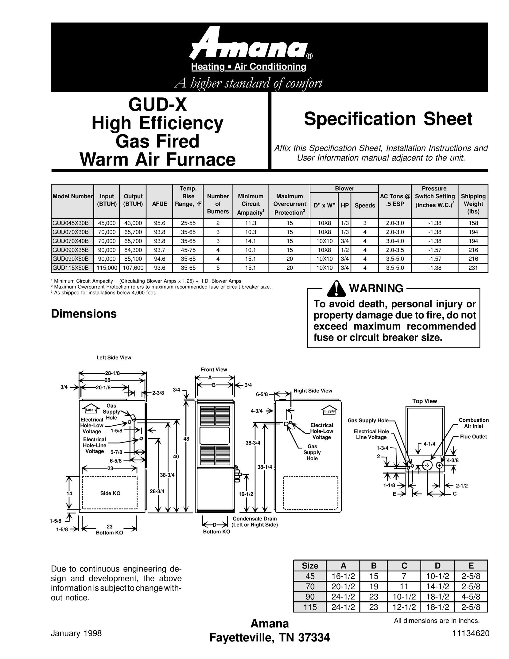 Amana GUD-X Furnace User Manual