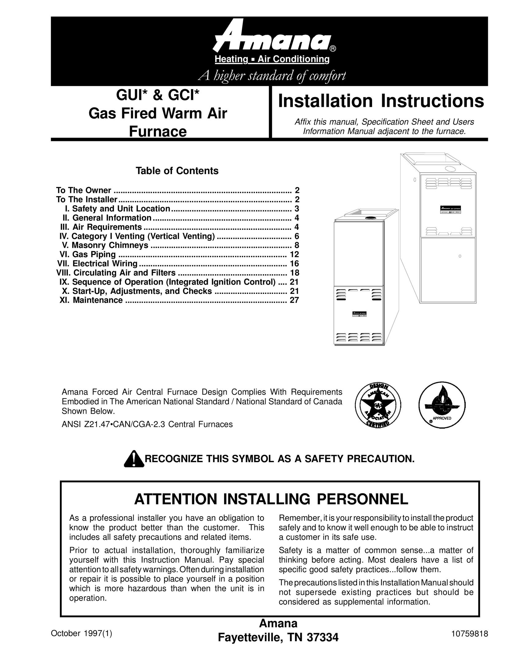 Amana VR8205 Furnace User Manual