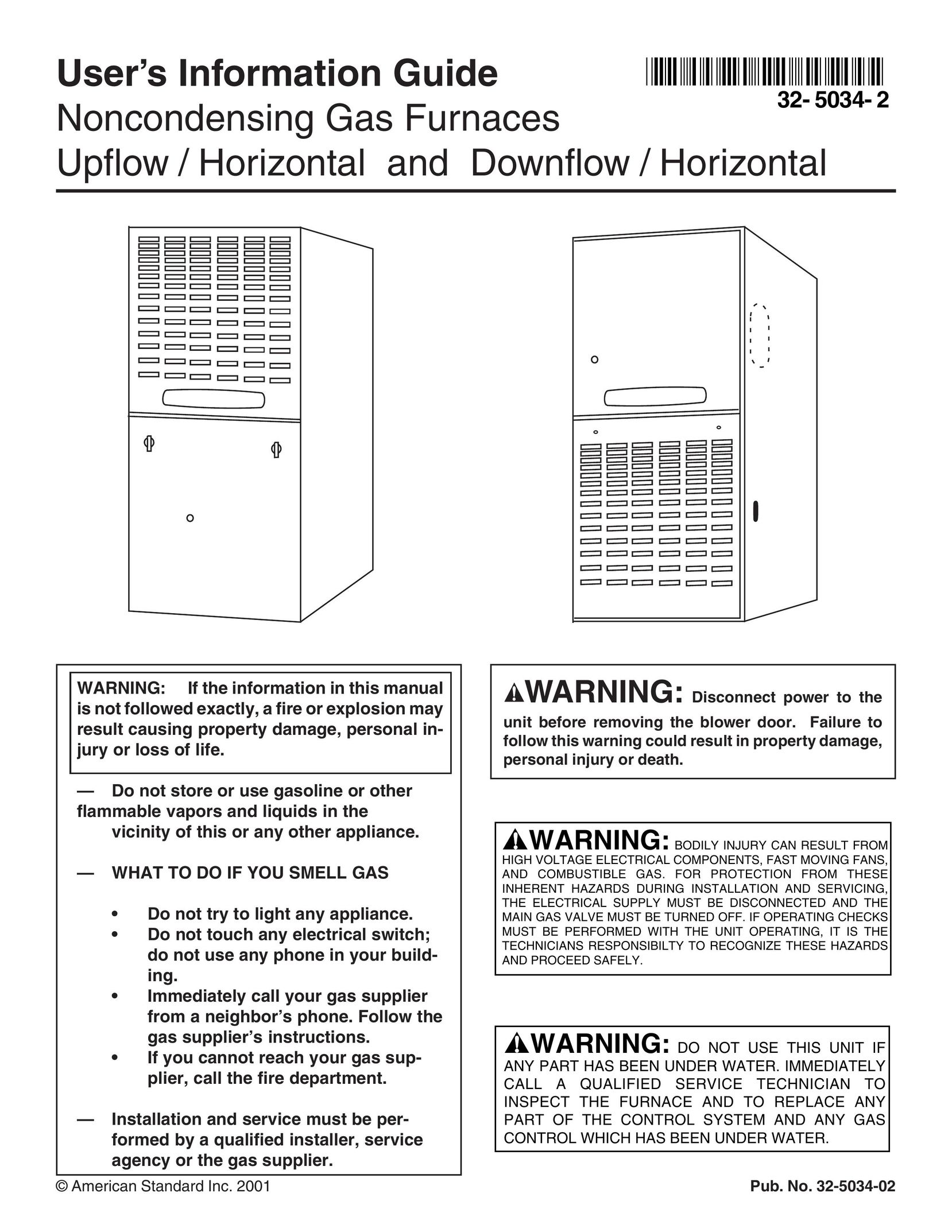 American Standard Noncondensing Gas Furnaces Furnace User Manual