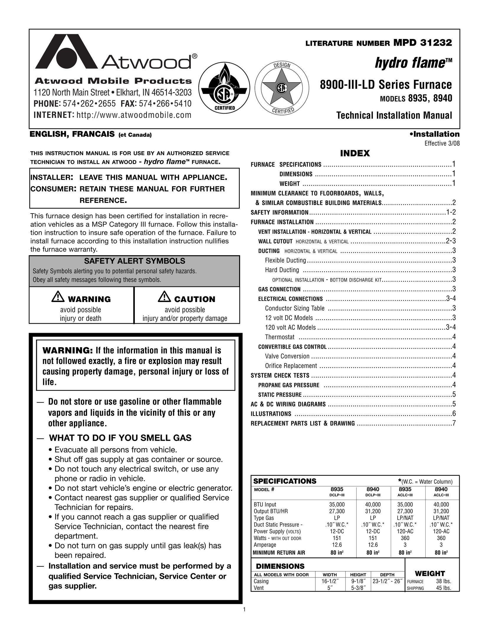 Atwood Mobile Products 8940 Furnace User Manual
