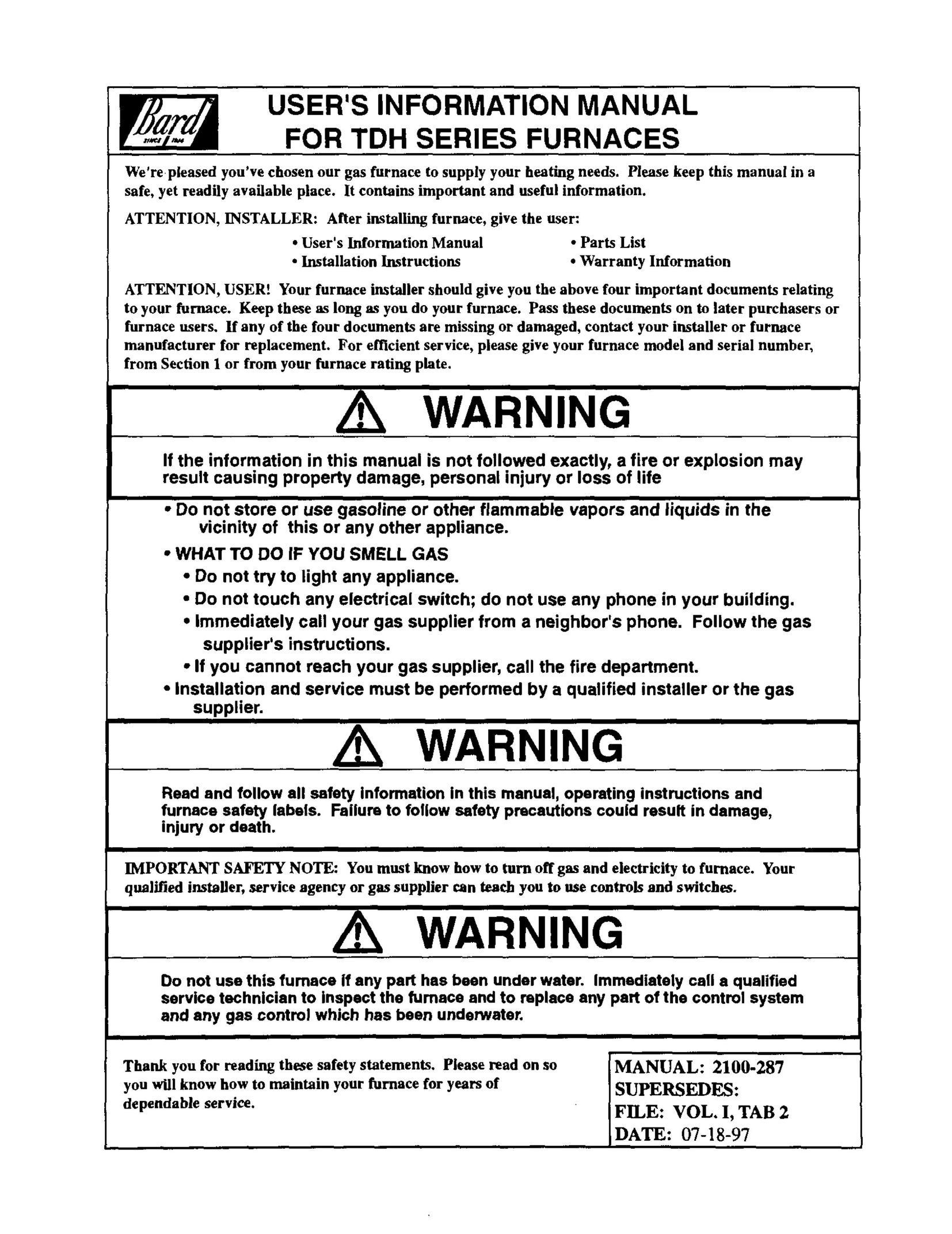 Bard 2100-287 Furnace User Manual