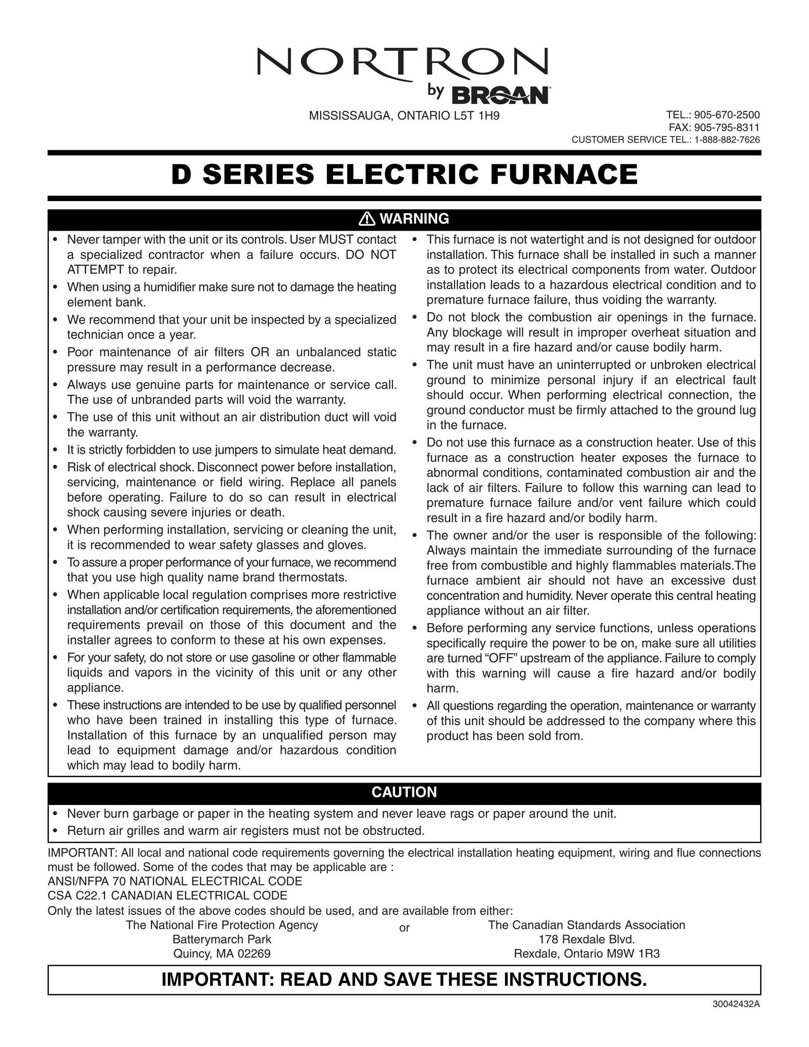 Broan D SERIES ELECTRIC FURNACE Furnace User Manual