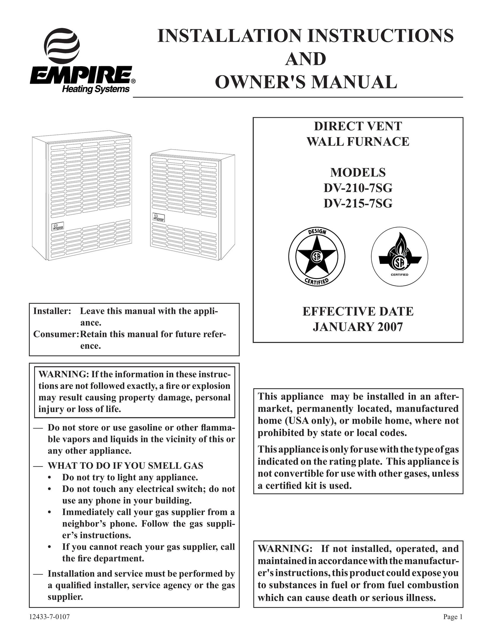 Empire Comfort Systems DV-210-7SG Furnace User Manual