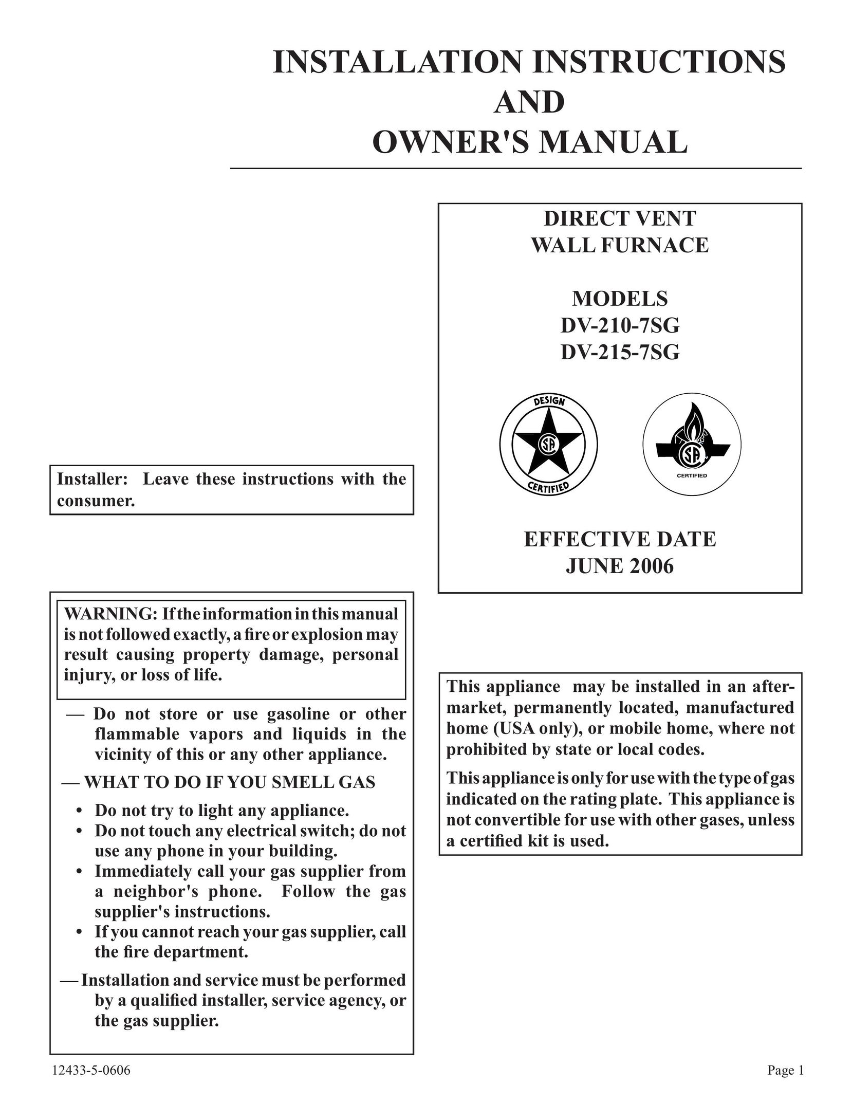 Empire Comfort Systems DV-215-7SG Furnace User Manual