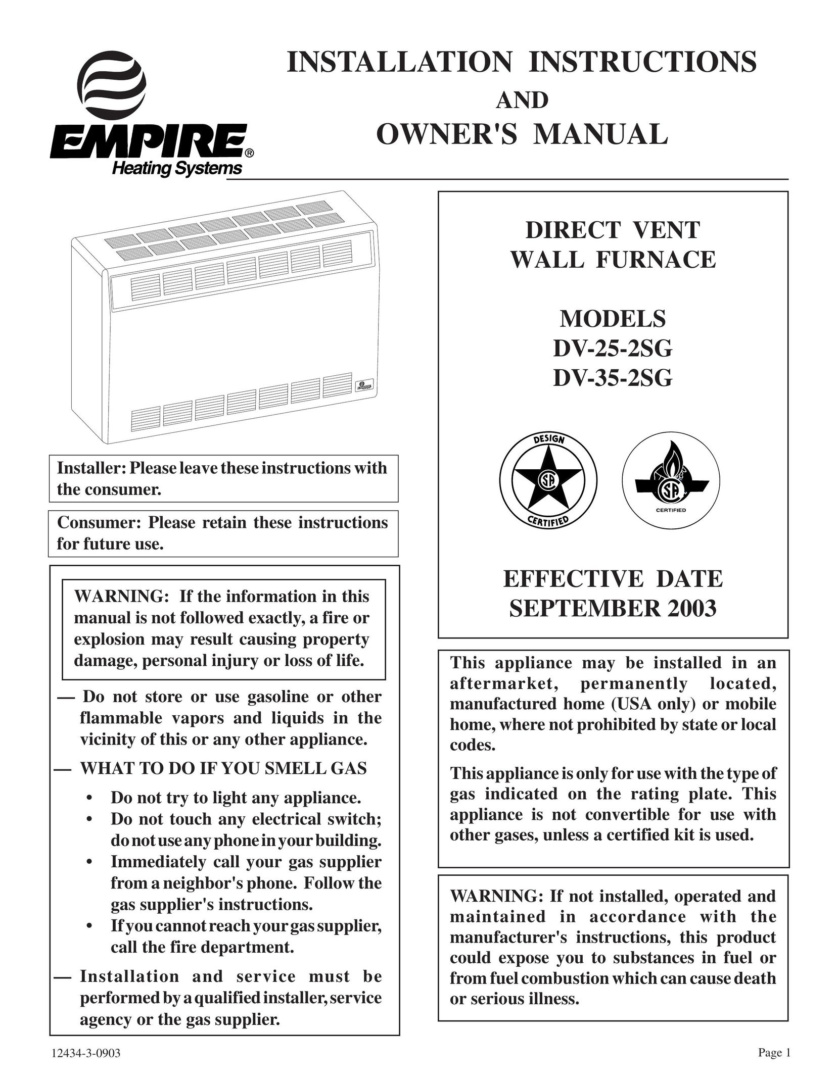 Empire Comfort Systems DV-35-2SG Furnace User Manual