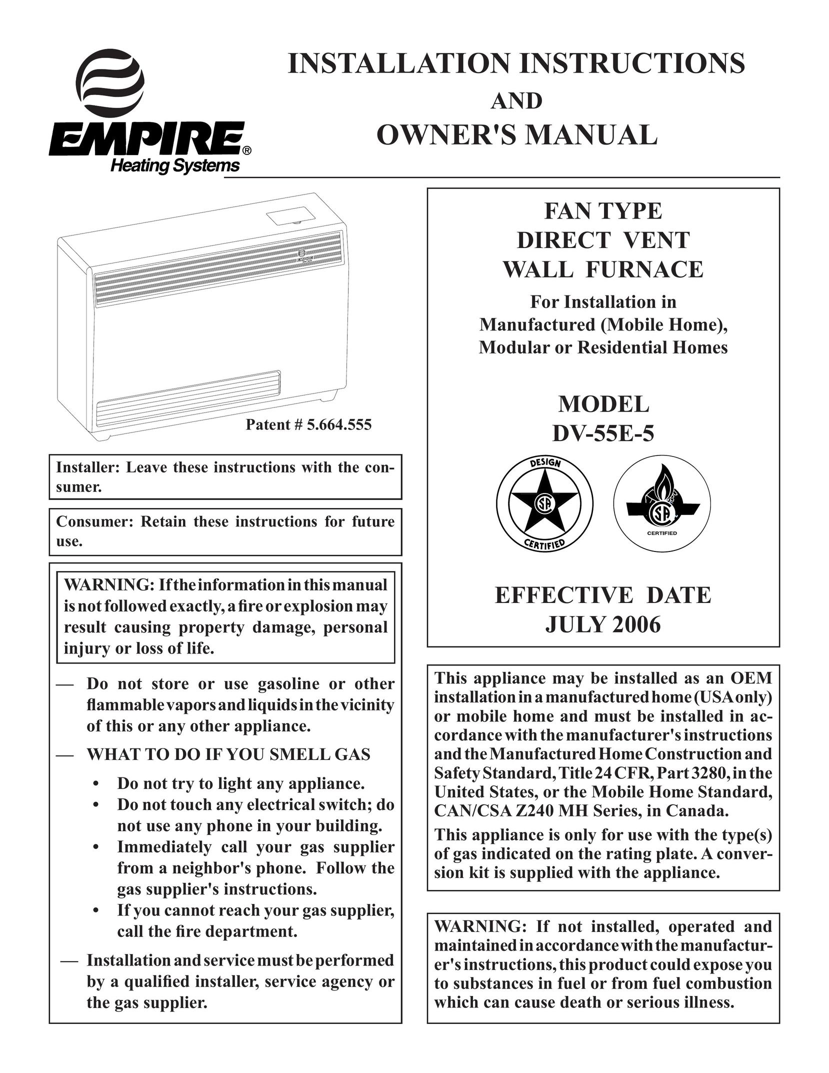 Empire Comfort Systems DV-55E-5 Furnace User Manual