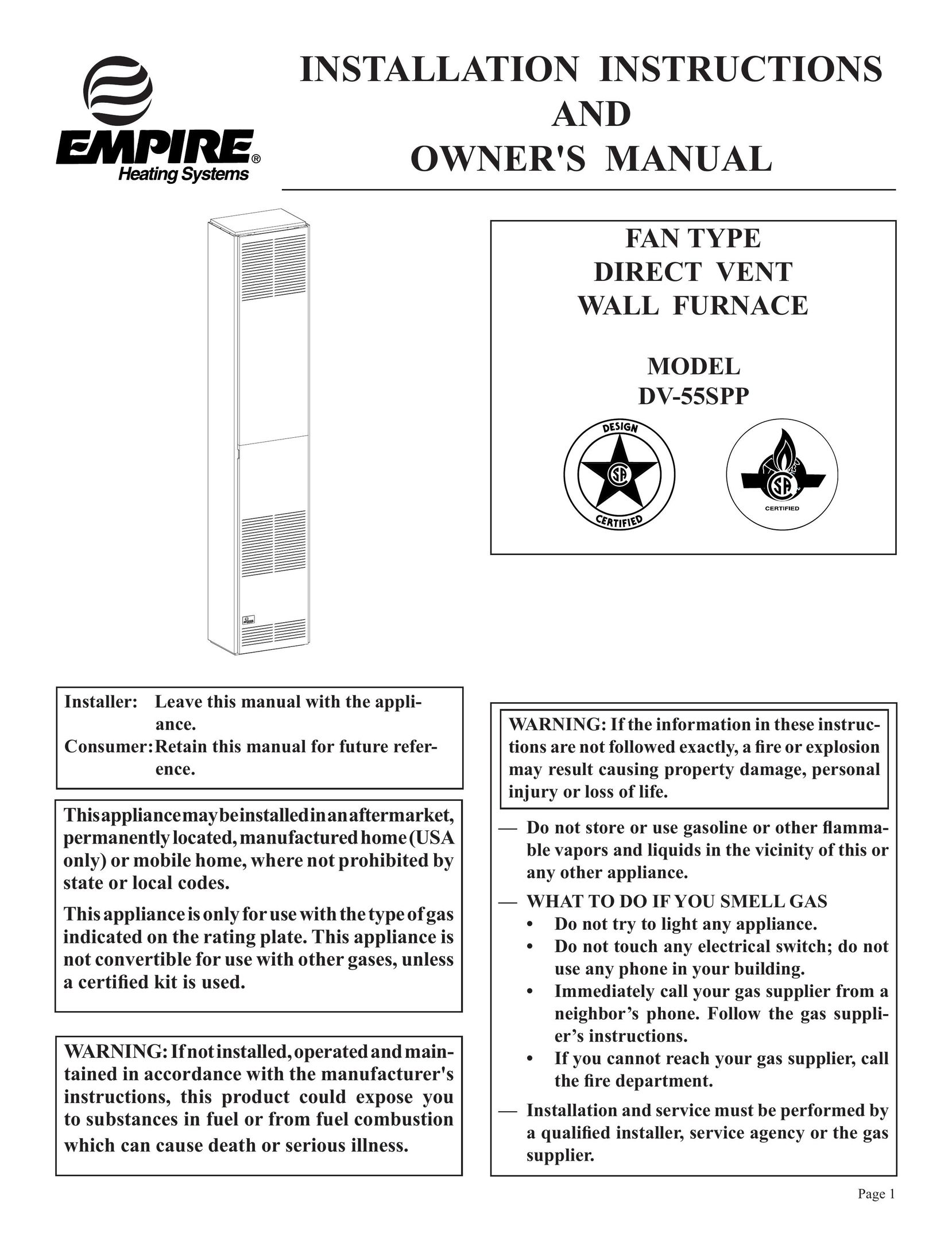 Empire Comfort Systems DV-55SPP Furnace User Manual